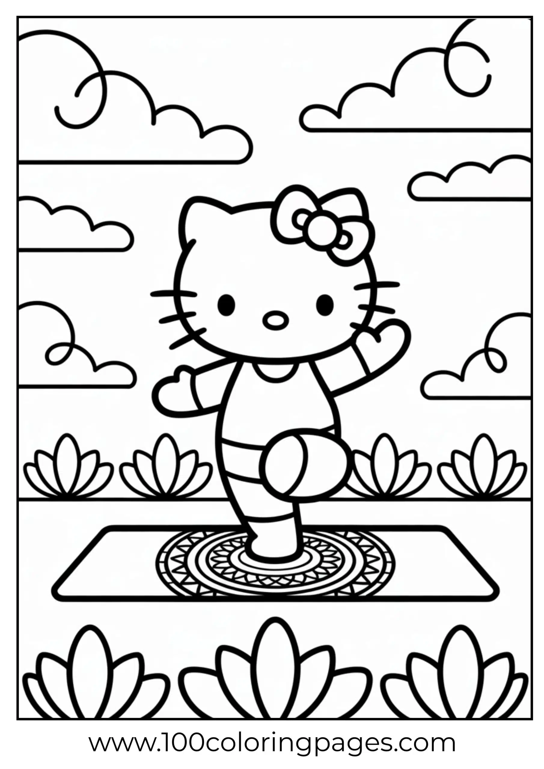 Hello Kitty doing yoga coloring page