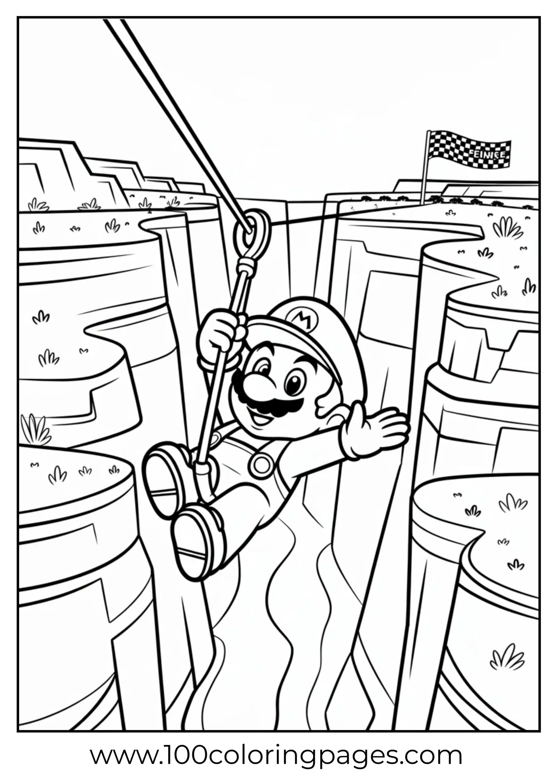Mario ziplining over a canyon in a bold action coloring scene