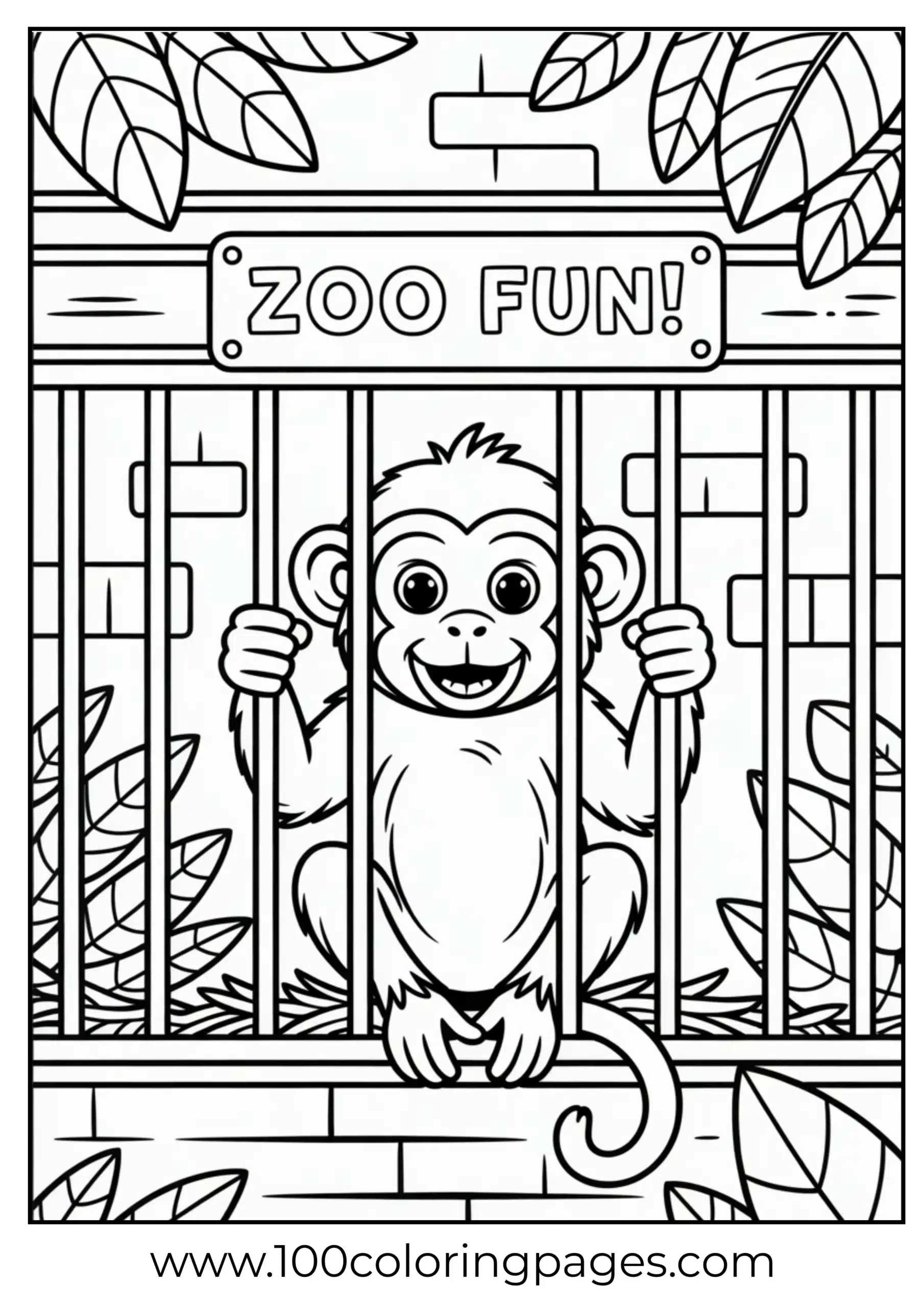 Monkey peeking through zoo bars coloring page