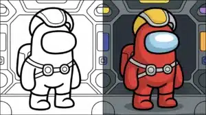 Among Us coloring pages split view – black and white outline and fully colored version in spaceship background