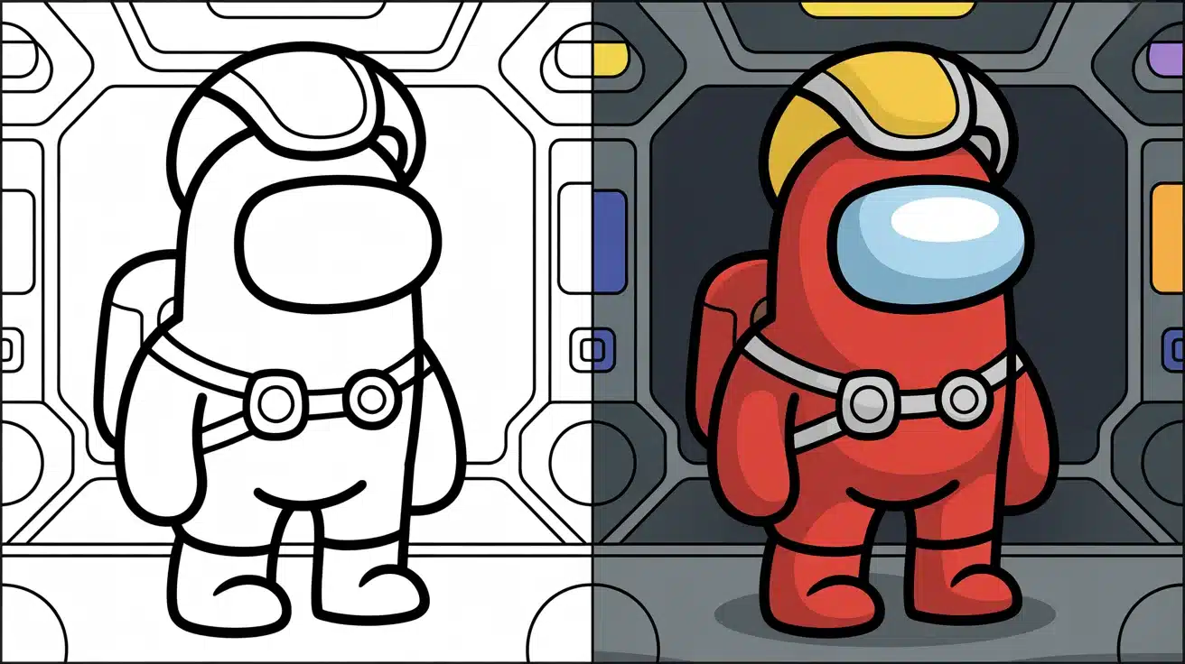 Among Us coloring pages split view – black and white outline and fully colored version in spaceship background