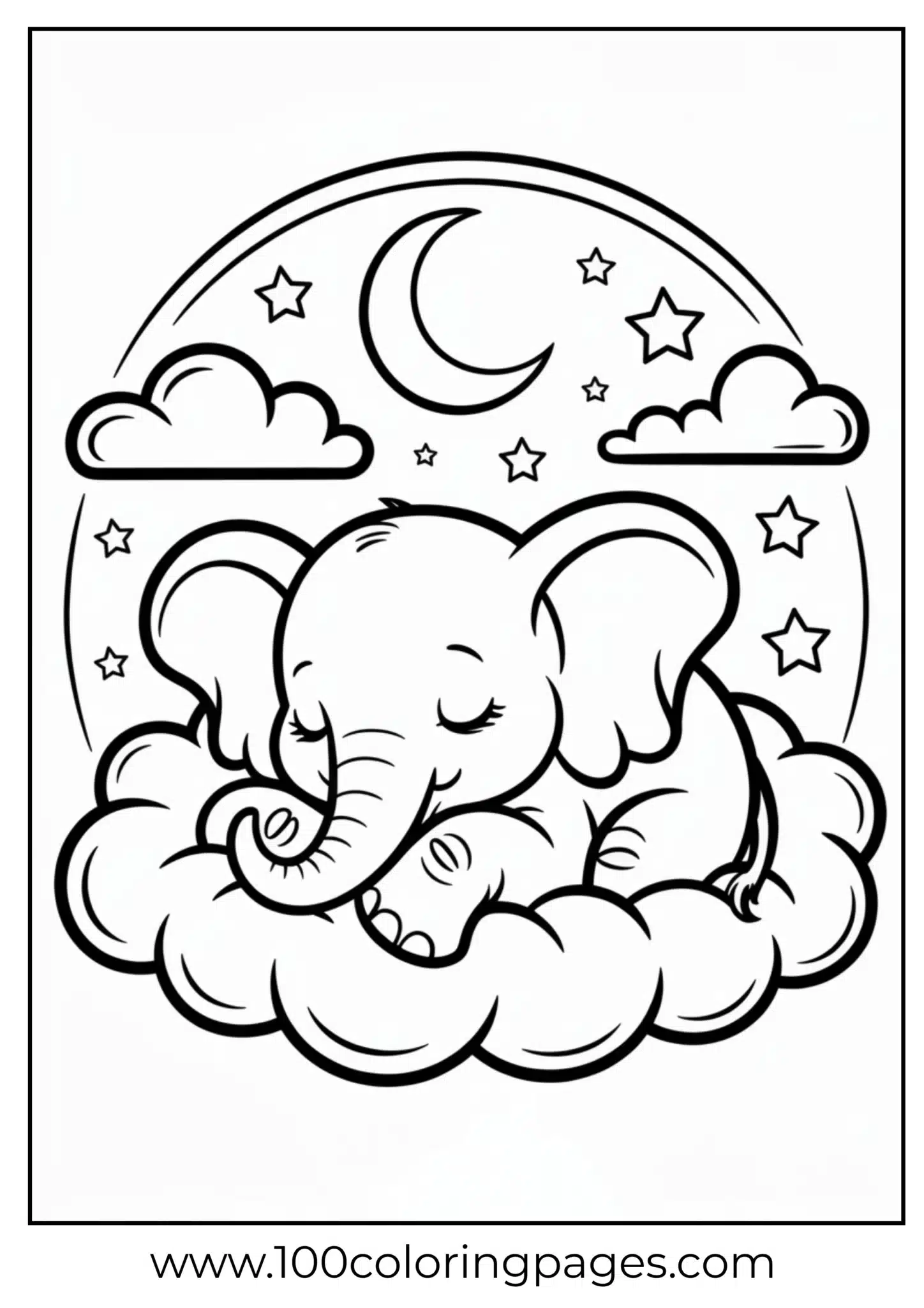 baby elephant sleeping on cloud with stars overhead