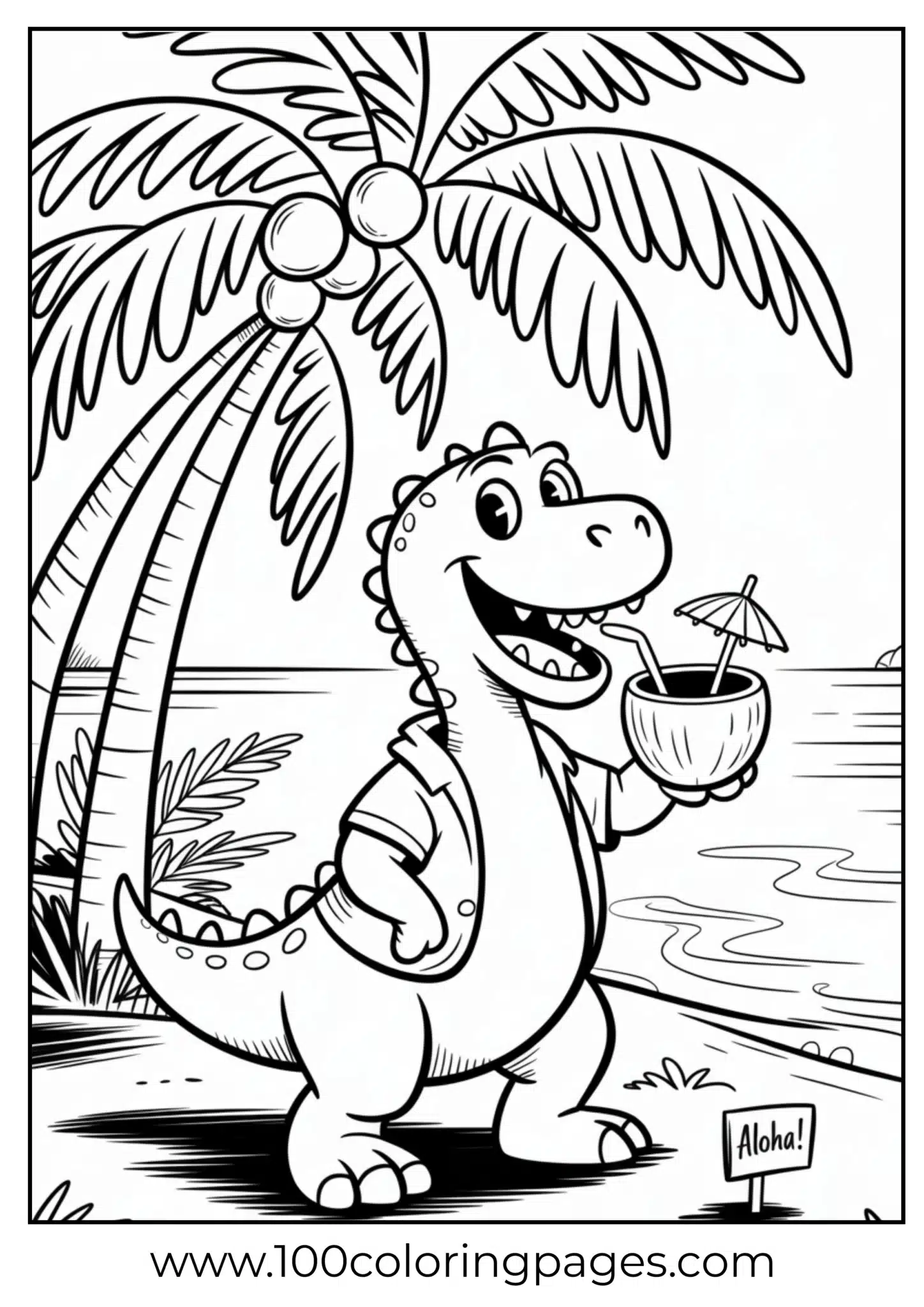 Dino lounging on beach with drink, outline
