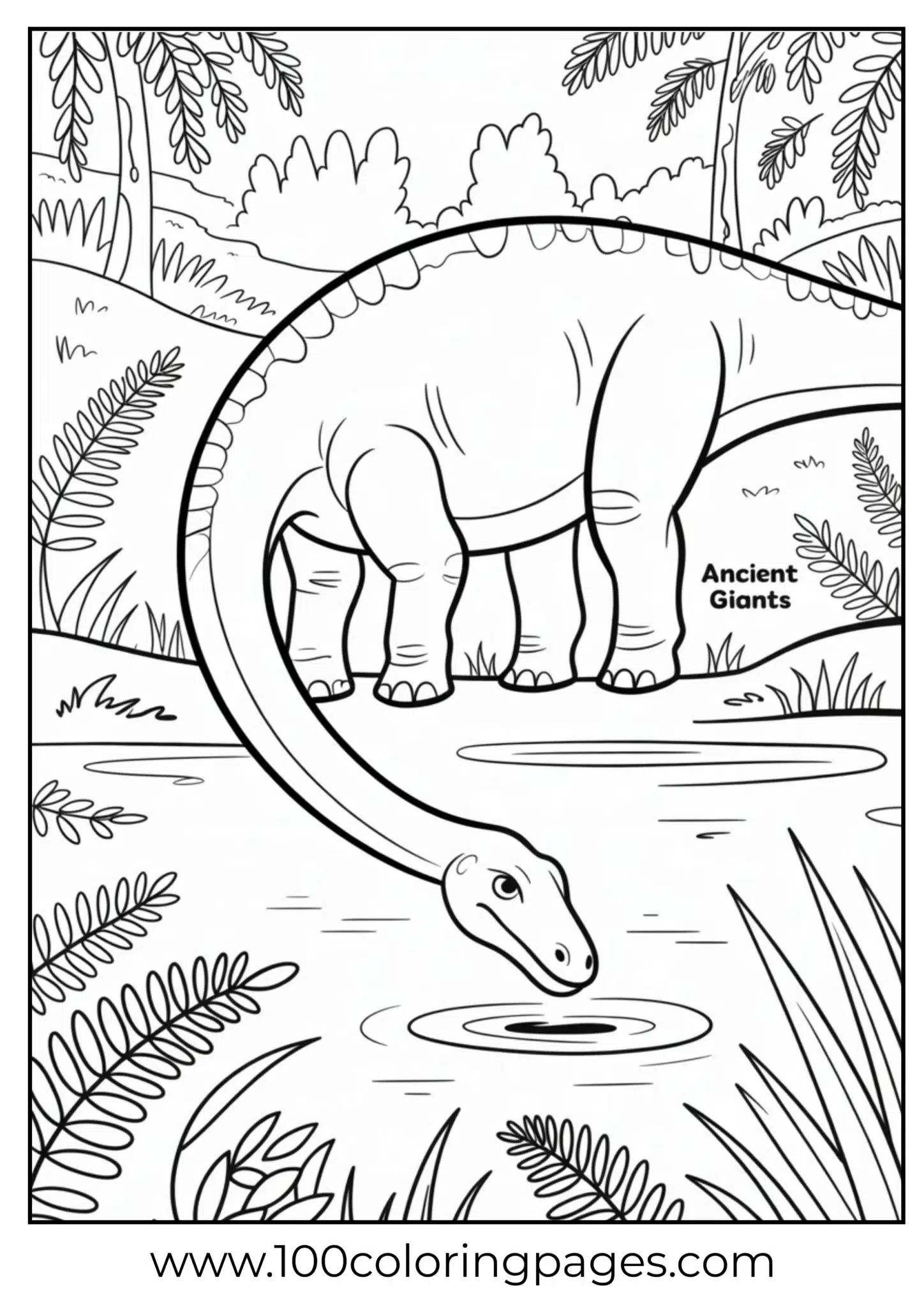 Brachiosaurus drinking water from lake, outline
