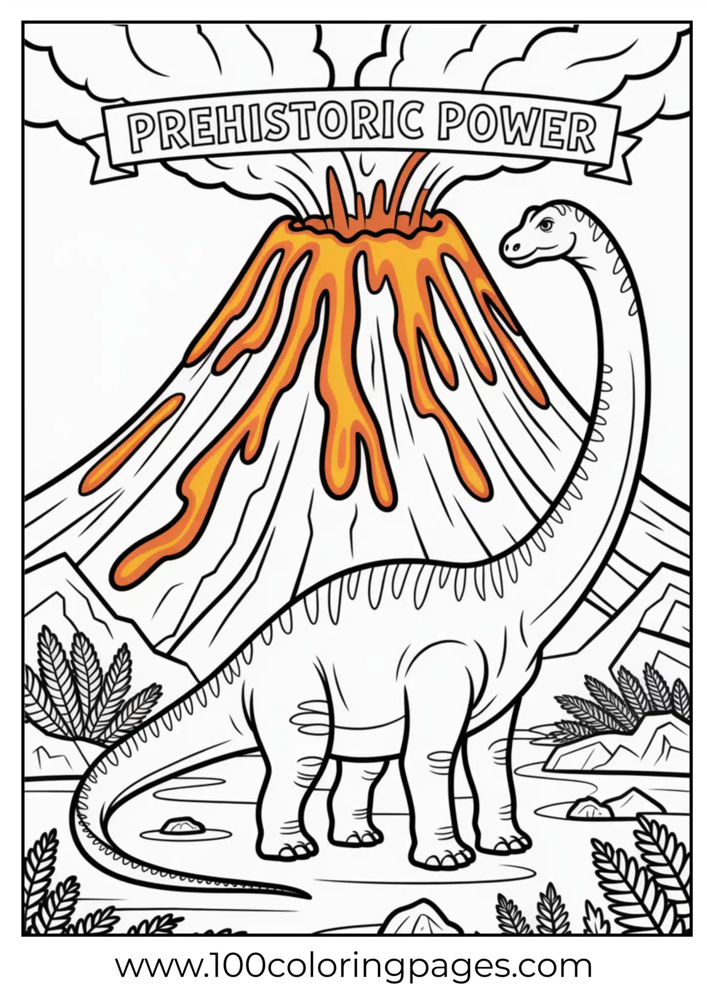 Brachiosaurus near erupting volcano, outline