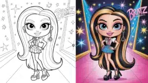 Bratz doll with long hair and big eyes posing on a fashion runway — printable Bratz coloring pages on the left, fully colored version on the right