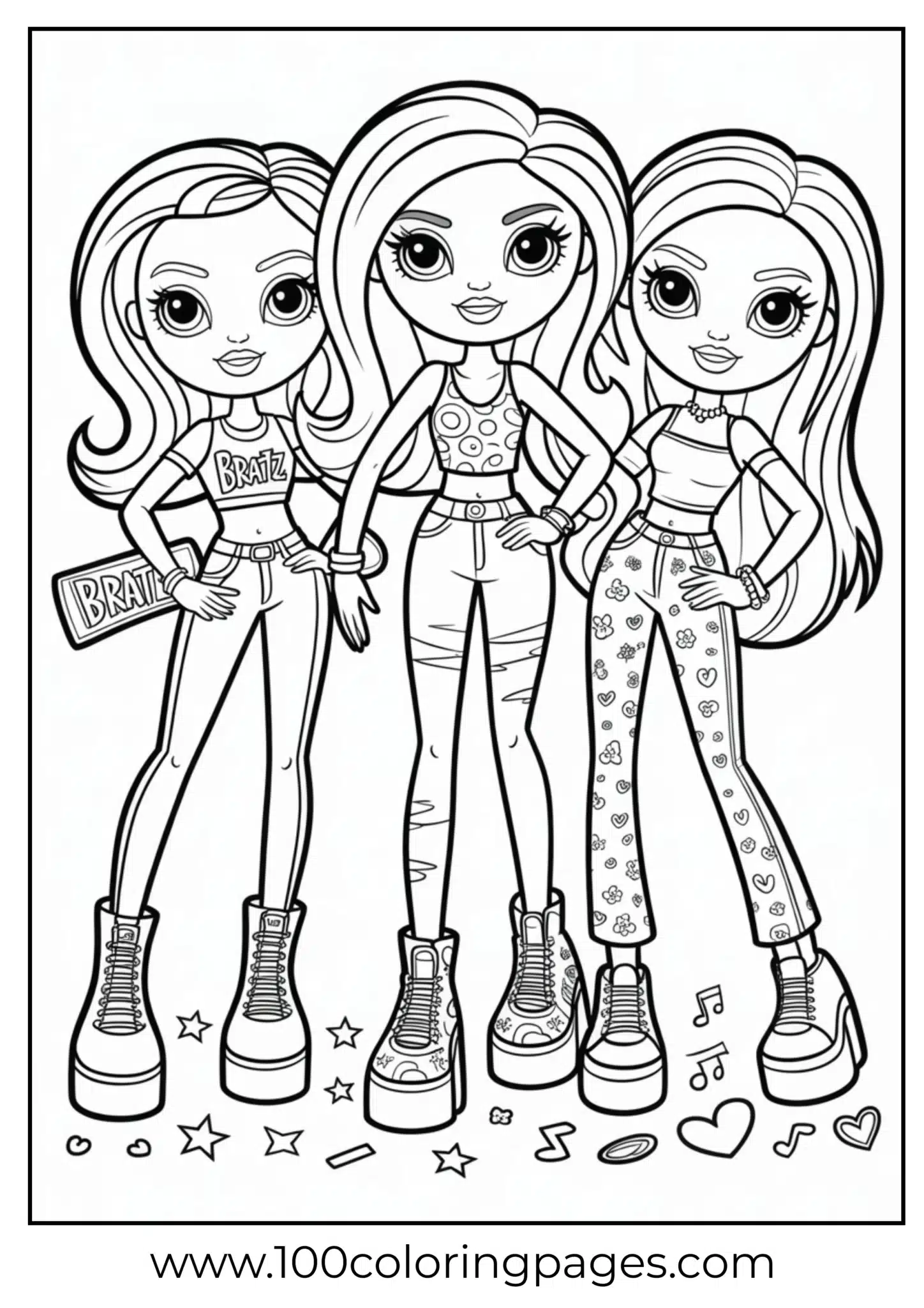 Three Bratz characters standing together coloring page