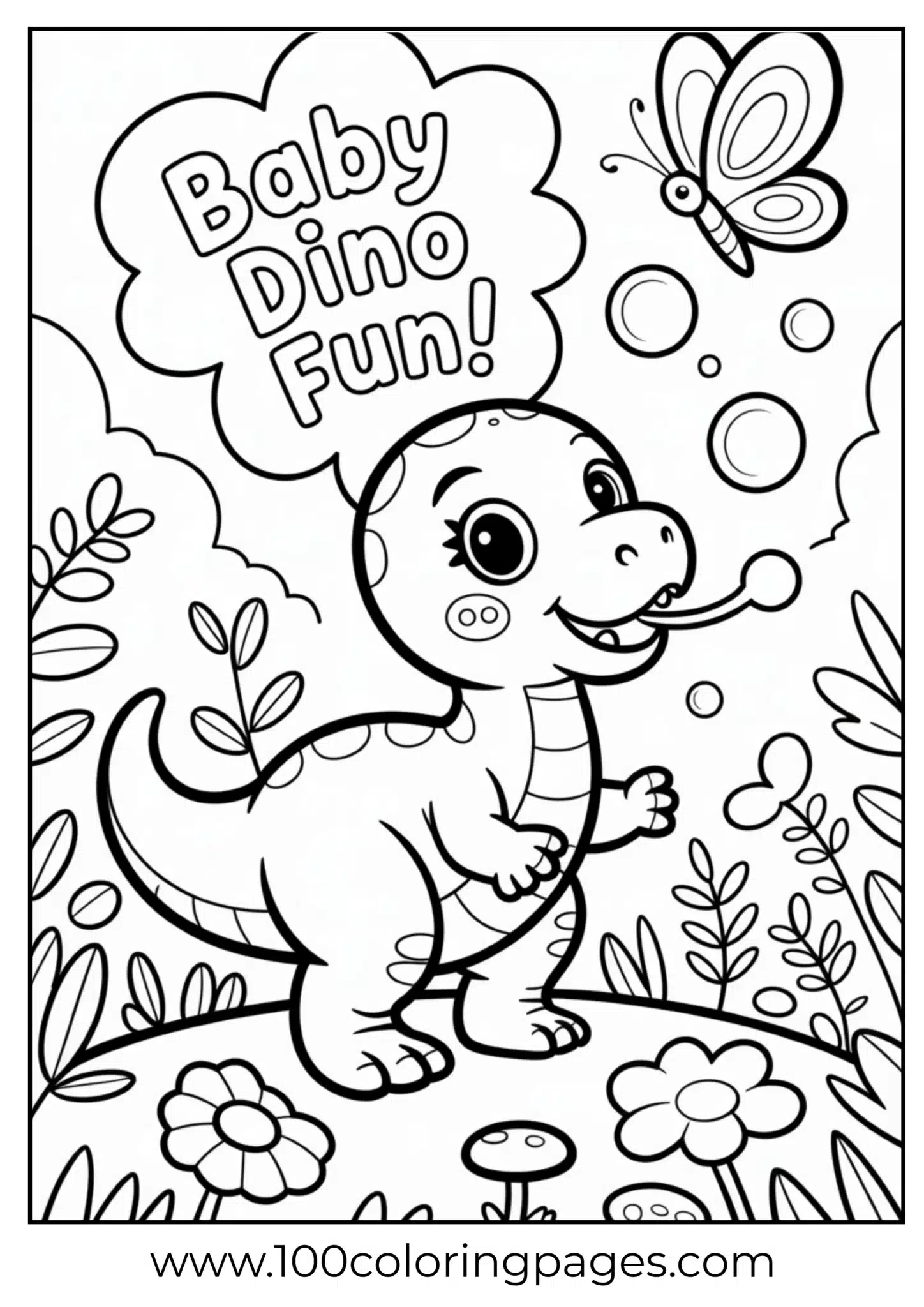 Baby dino blowing bubbles, butterfly nearby