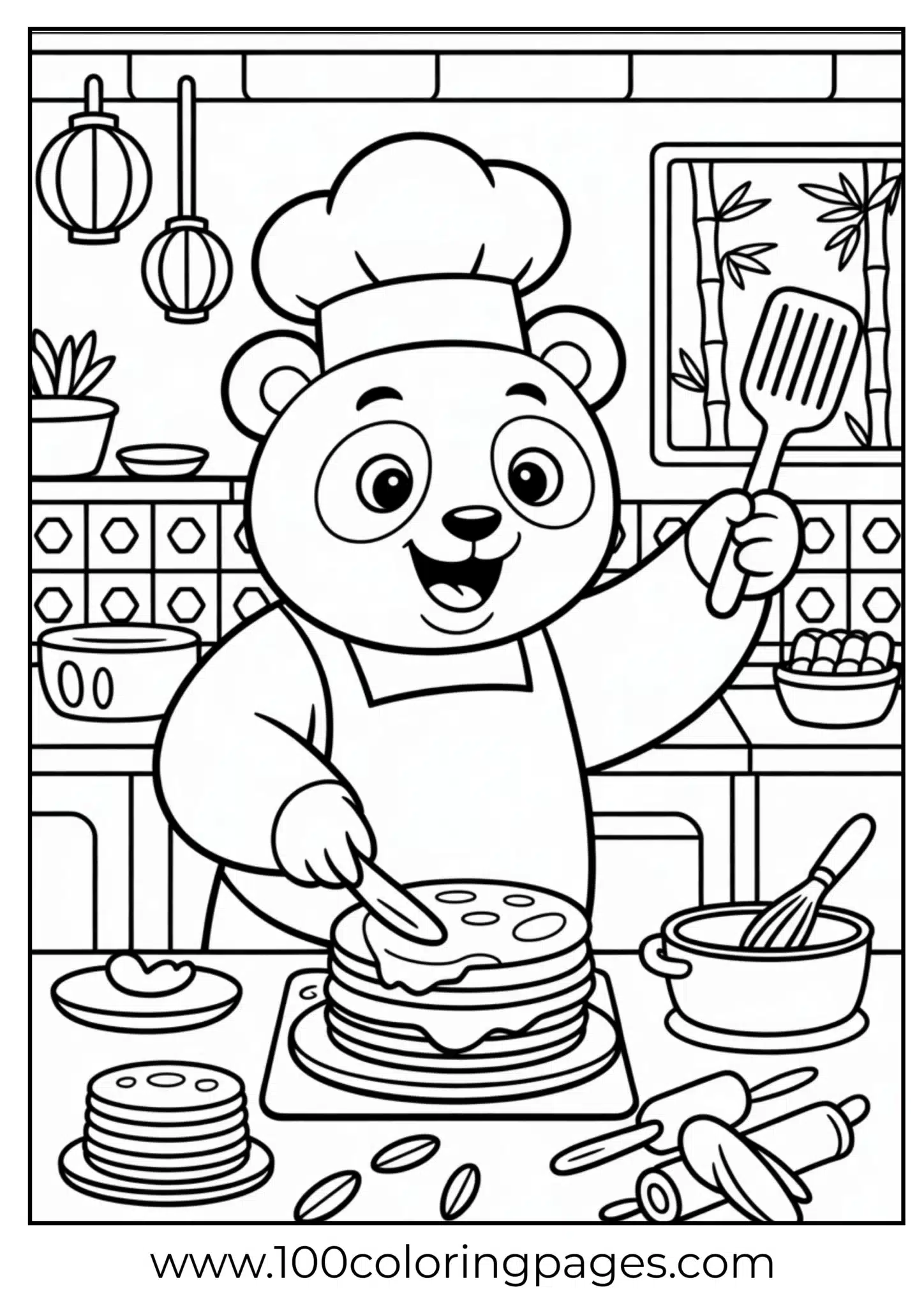 Panda with chef hat flipping pancakes, outline
