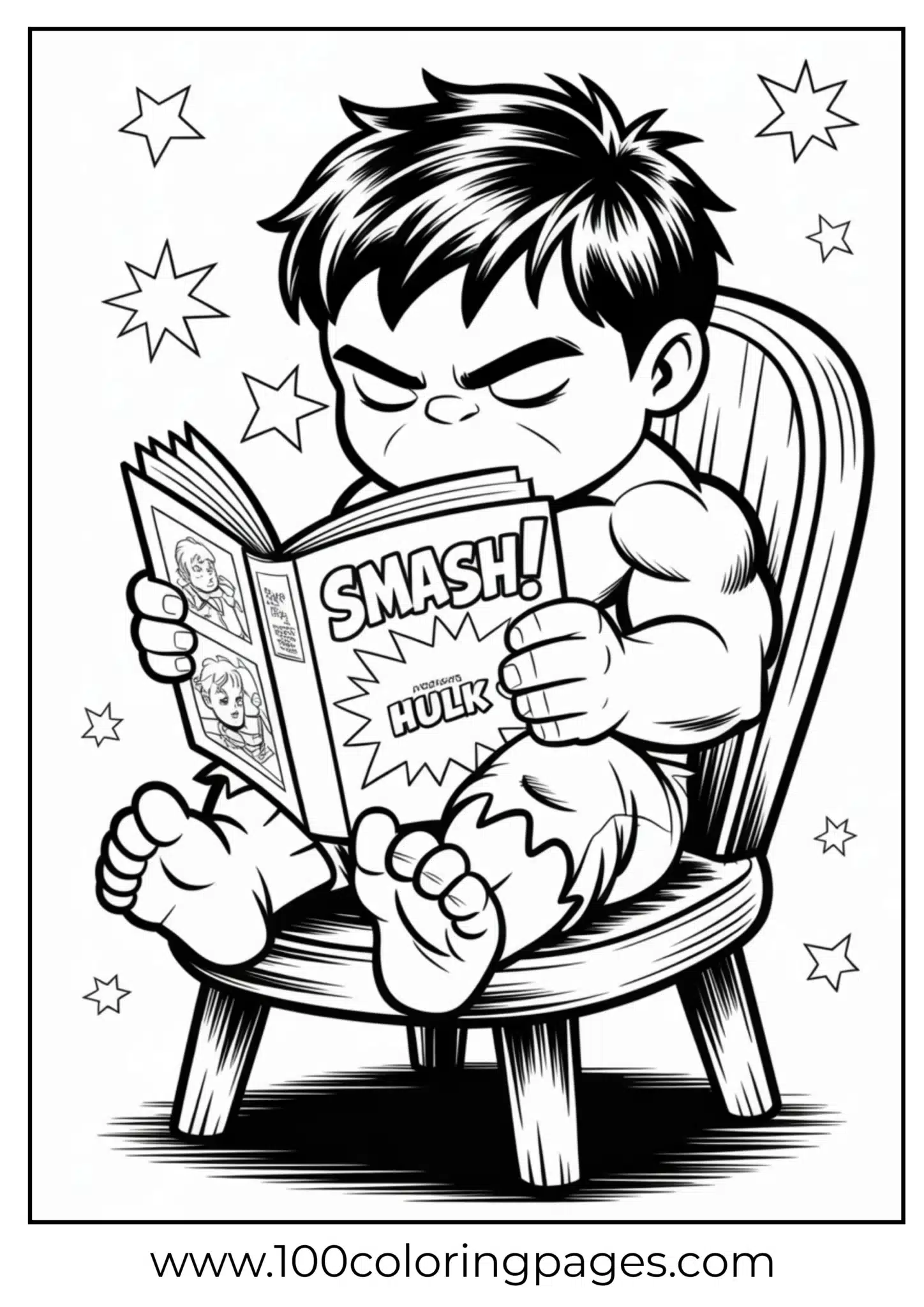 Cute Hulk reading comic coloring page