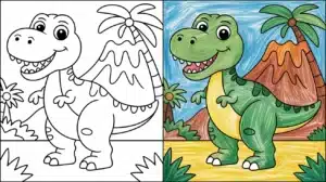 Cute cartoon dinosaur standing near volcano and palm trees, perfect for Dinosaur coloring pages.