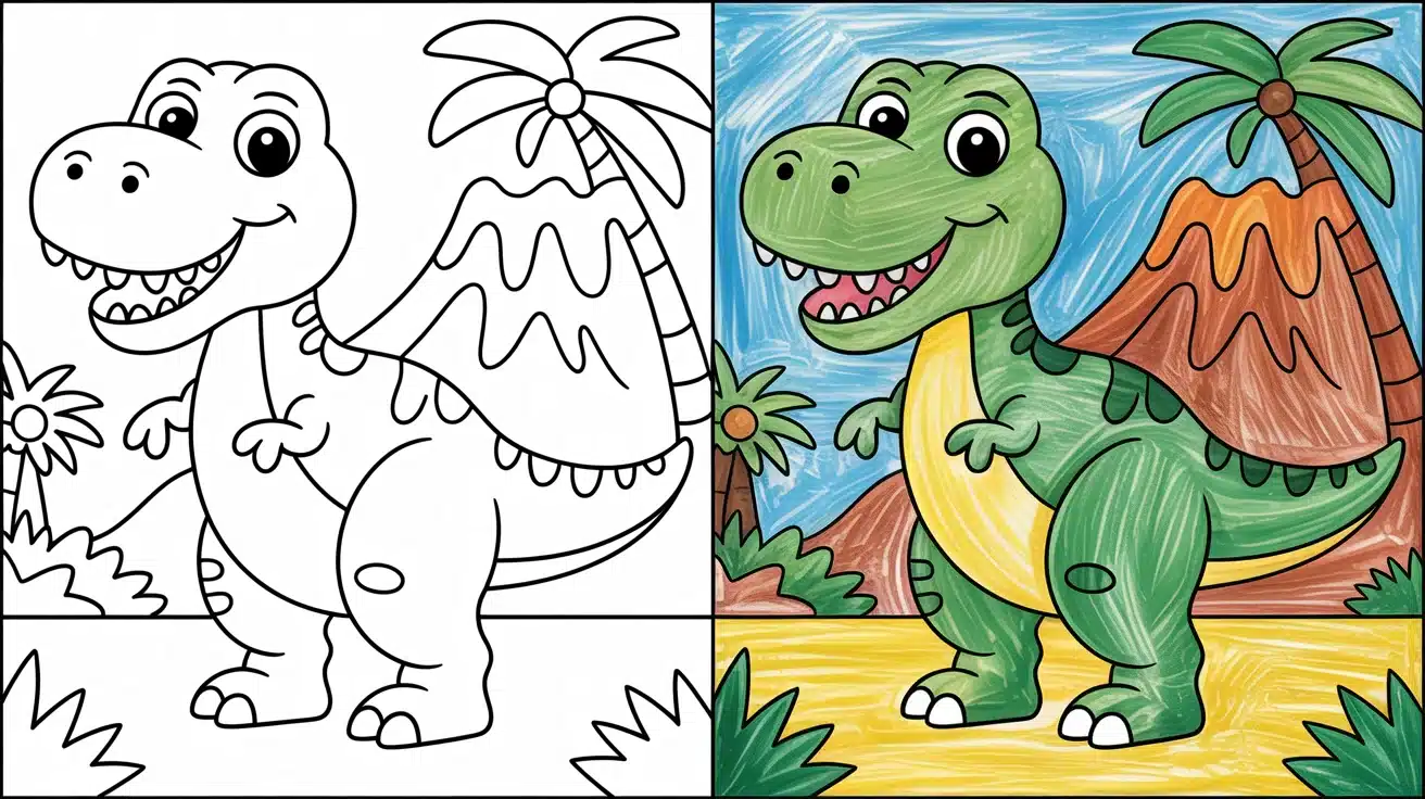 Cute cartoon dinosaur standing near volcano and palm trees, perfect for Dinosaur coloring pages.