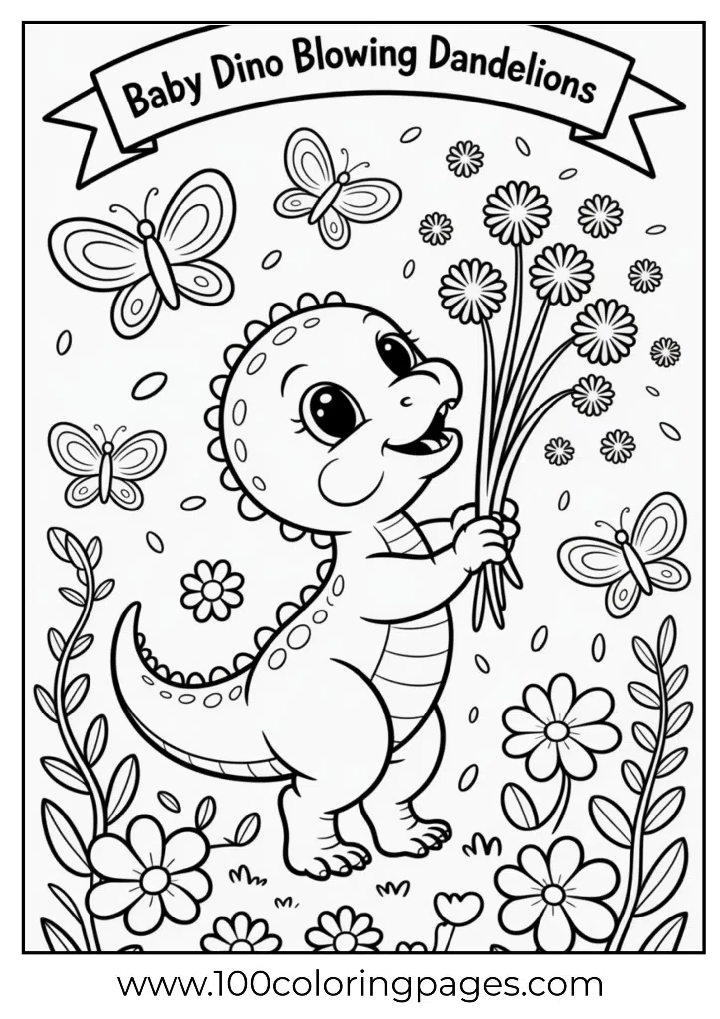 Baby dino blowing dandelion seeds, outline