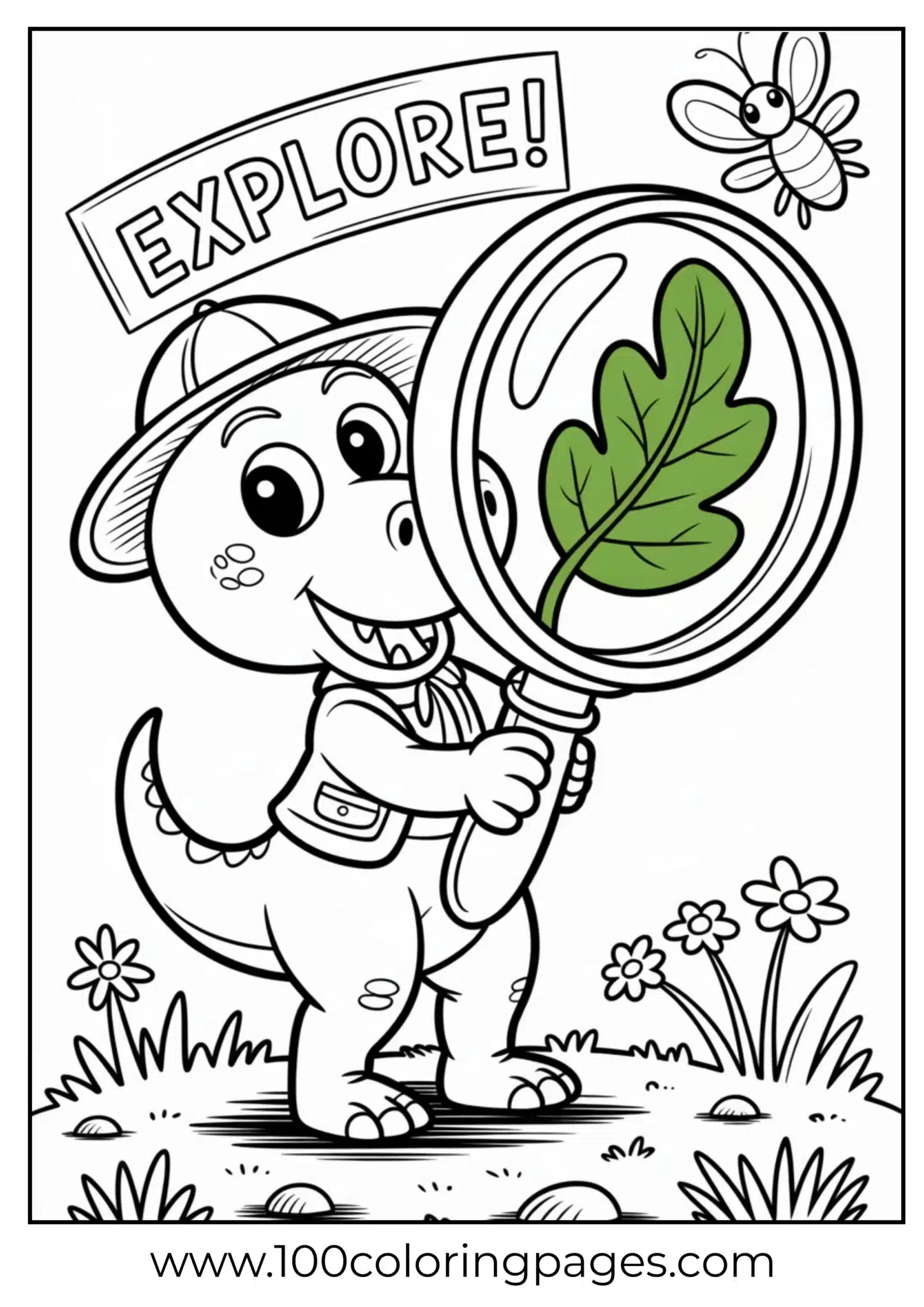 Dino using magnifier on jungle leaf, outline