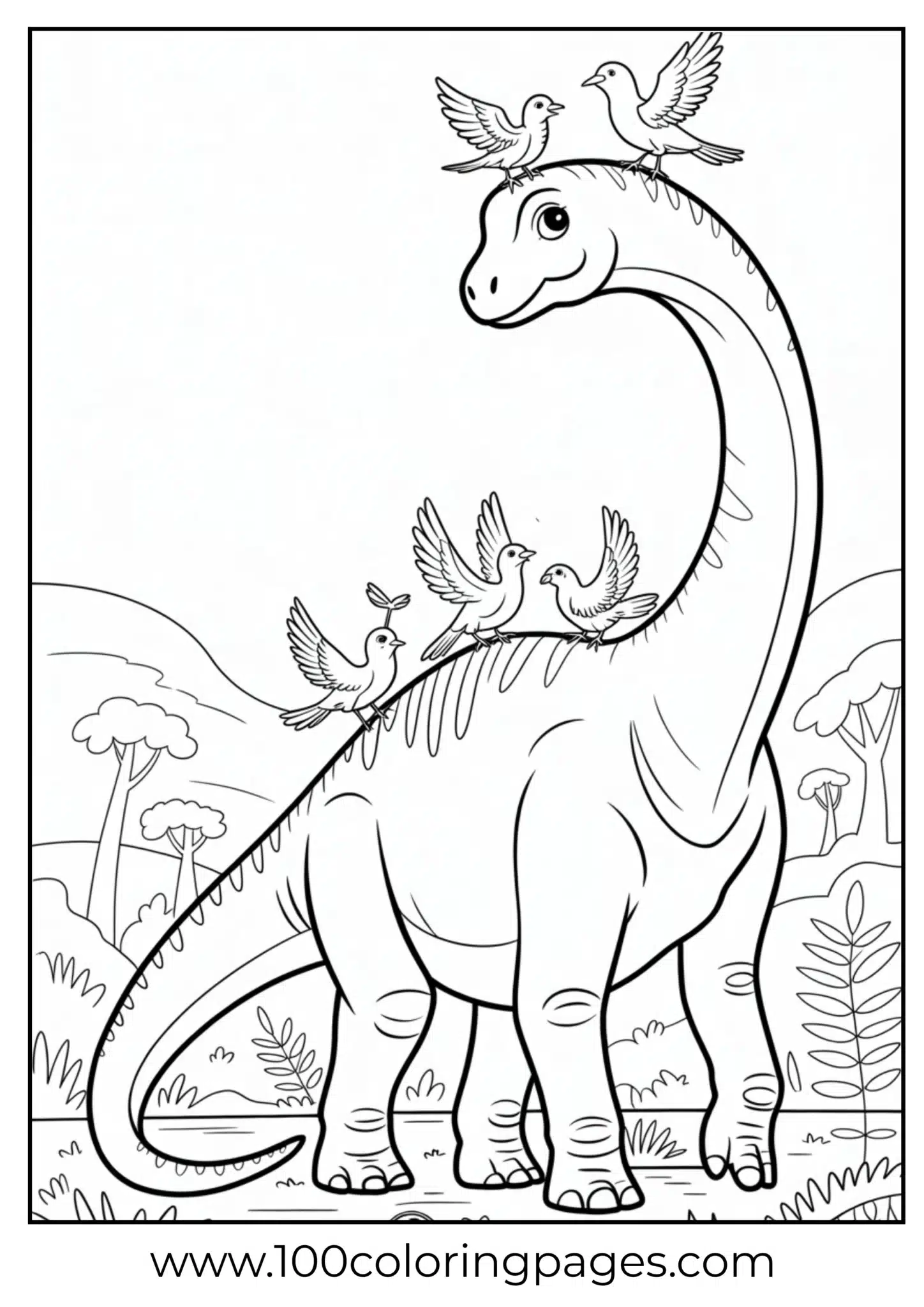 Birds sitting on back of giant brachiosaurus, outline