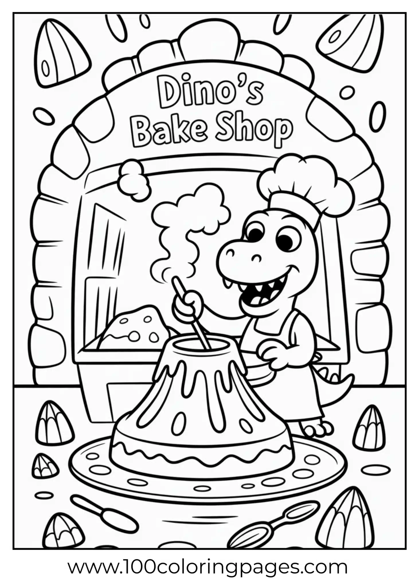 Dino baking cake with erupting top, outline