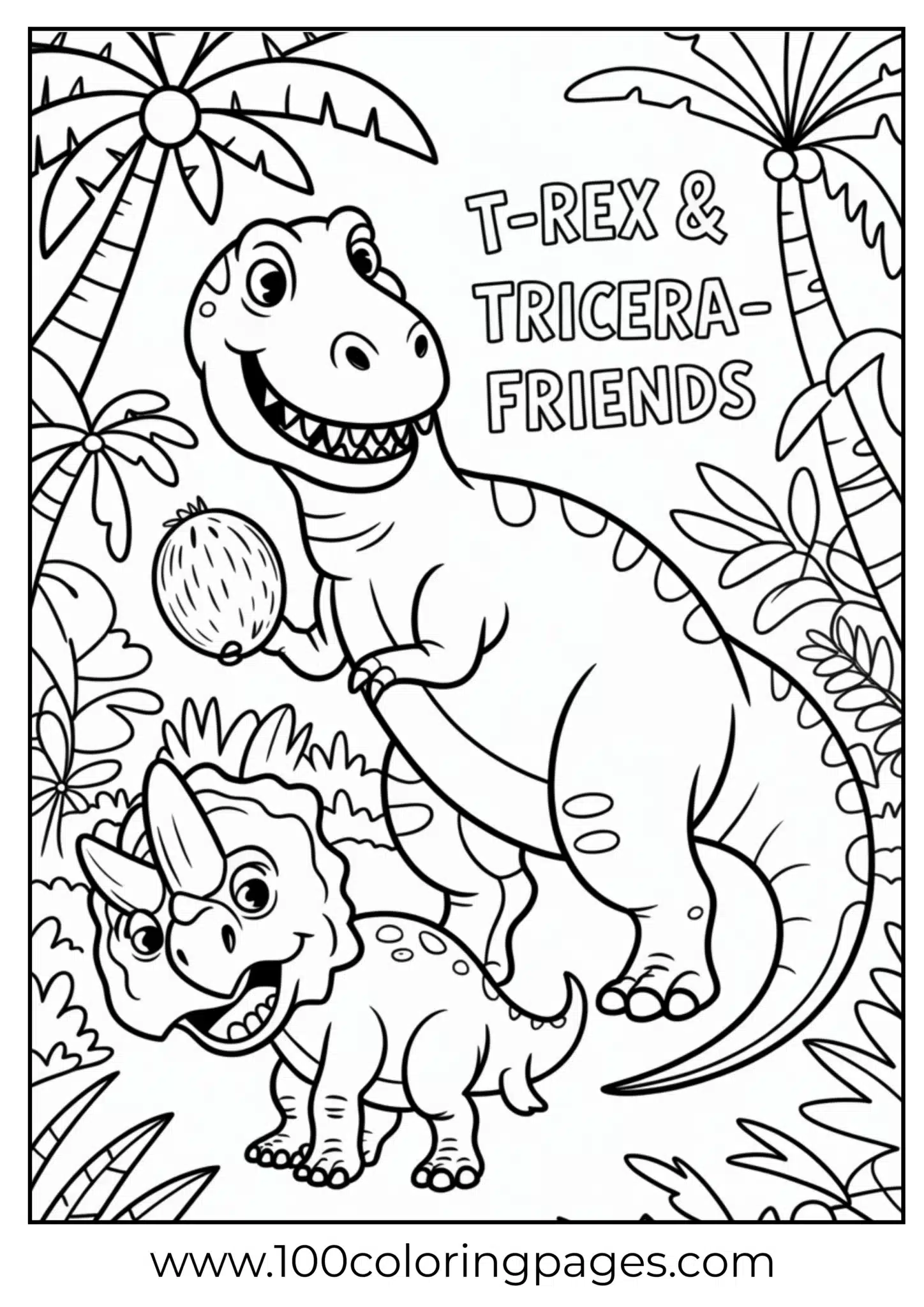 T‑rex tossing coconut to triceratops, outline