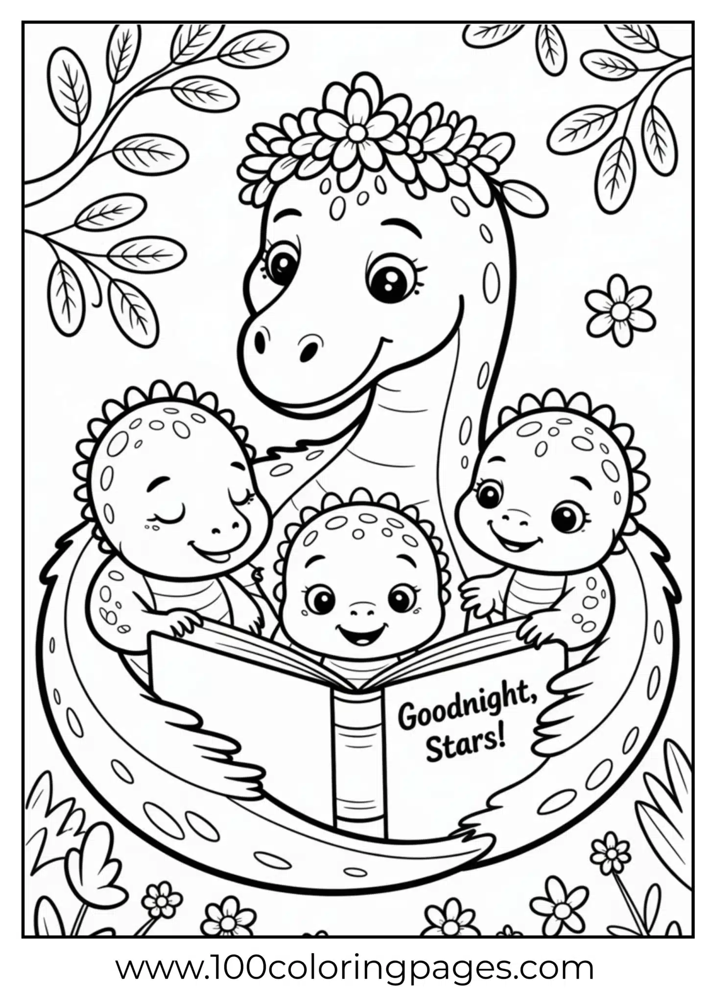 Mama dinosaur reading book to babies, outline