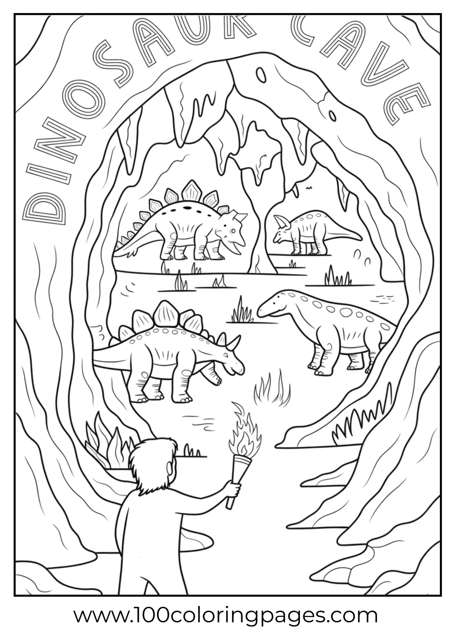 Cave walls with dino drawings, outline