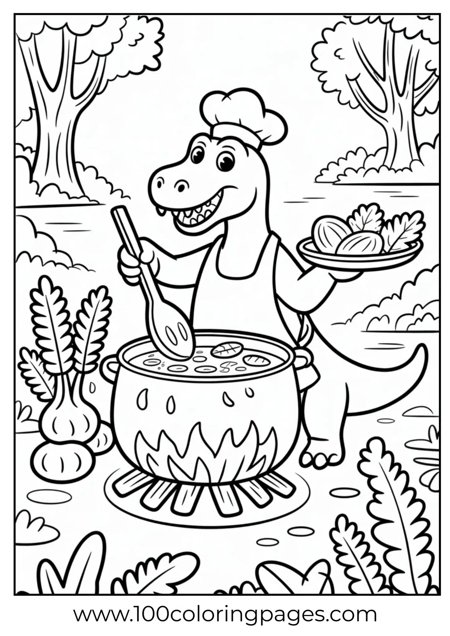 Dino preparing meal in stone pot, outline