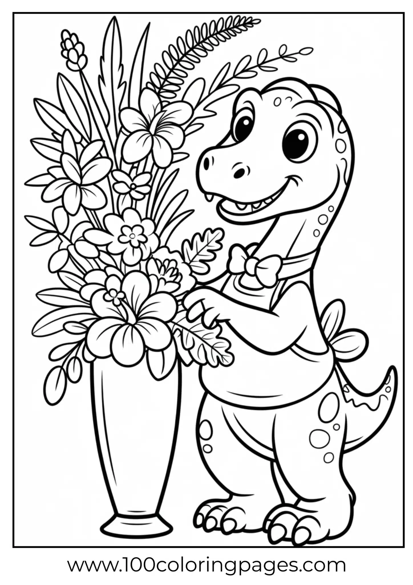 Dino arranging tropical flowers in vase, outline