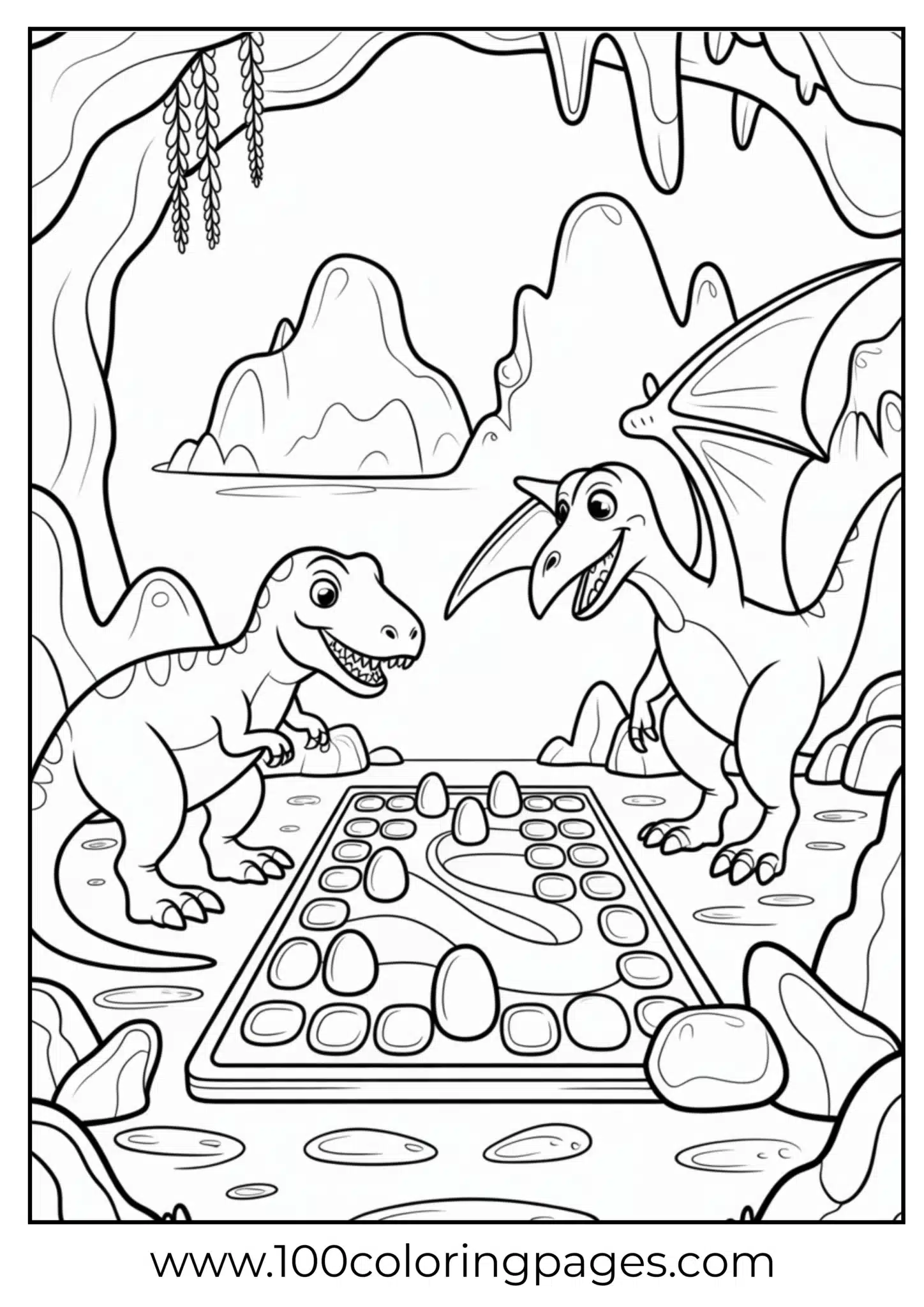 Dinosaurs playing stone board game, outline