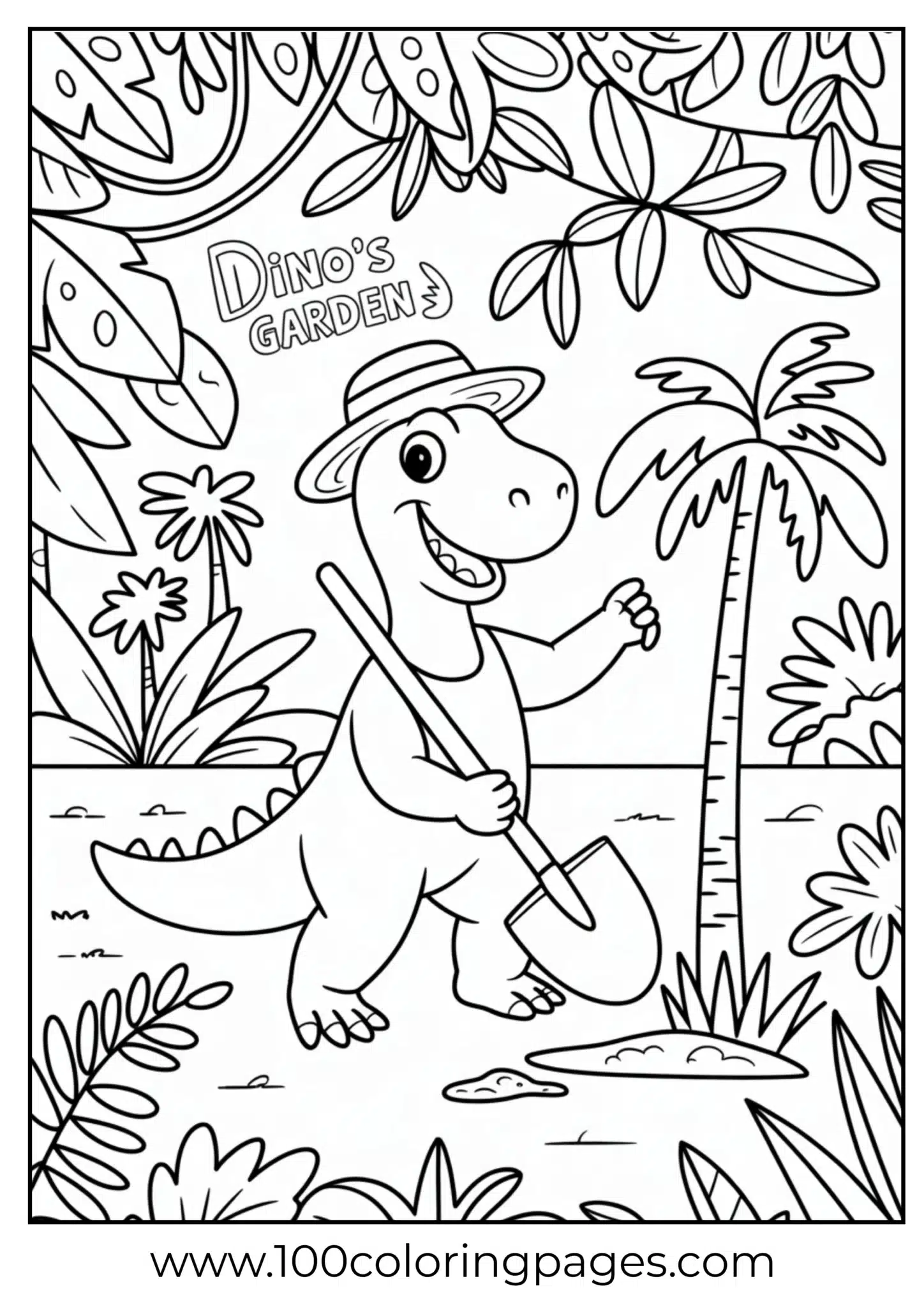 Dino using shovel to plant trees, outline