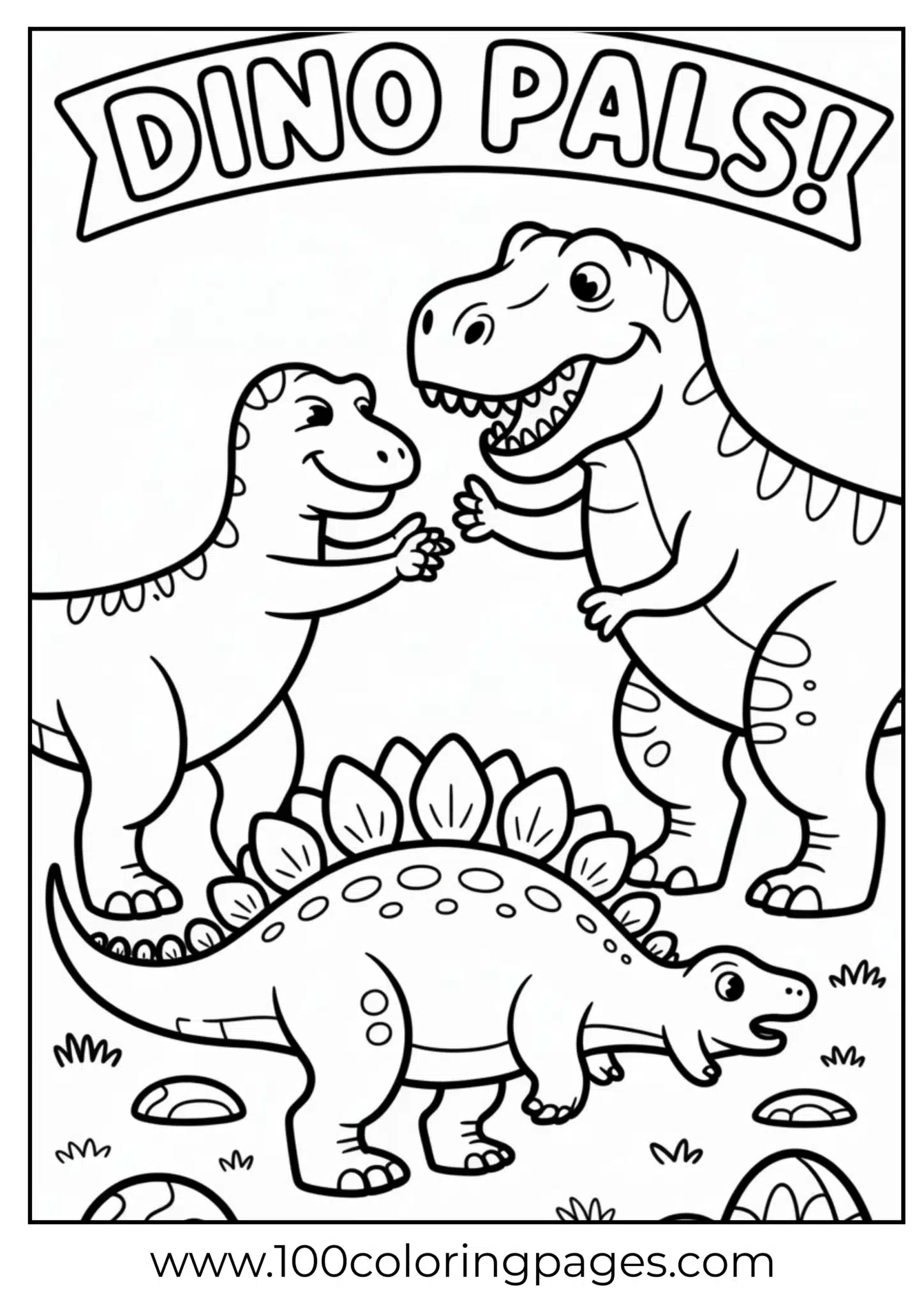 T‑rex and stegosaurus giving high five, outline