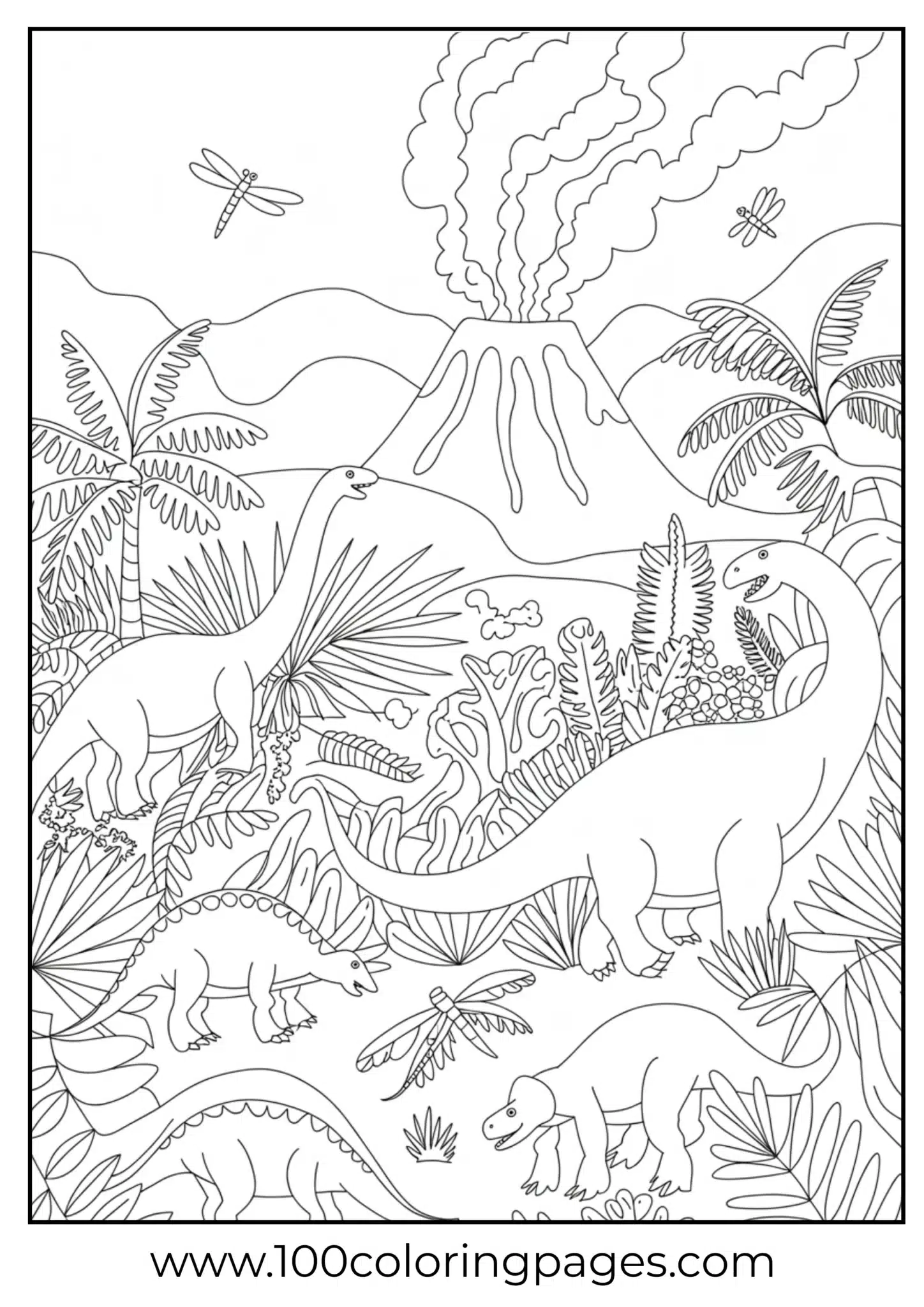 Group of dinosaurs in lush jungle with volcano, outline