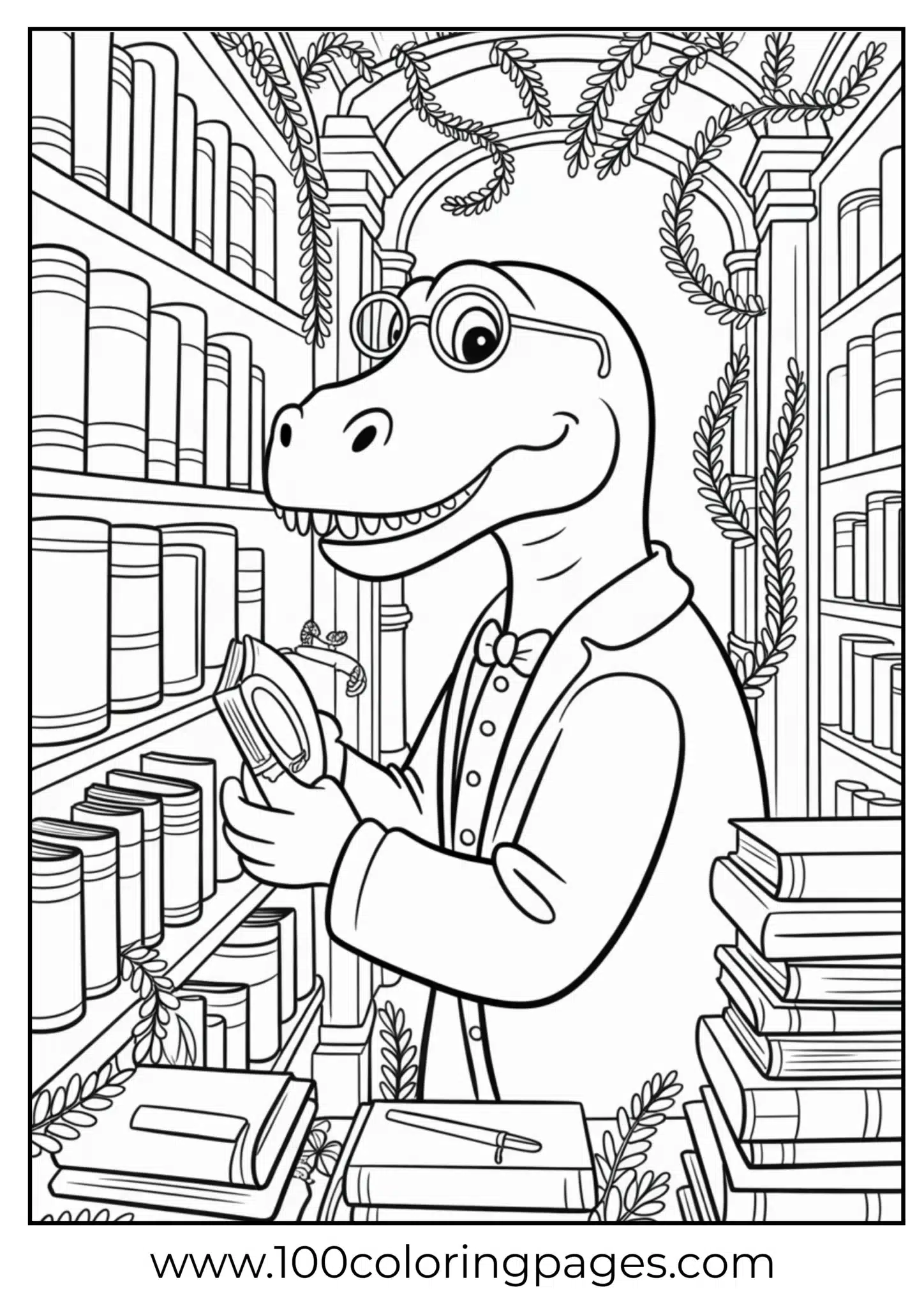 Dino shelving stone tablets in leafy library, outline