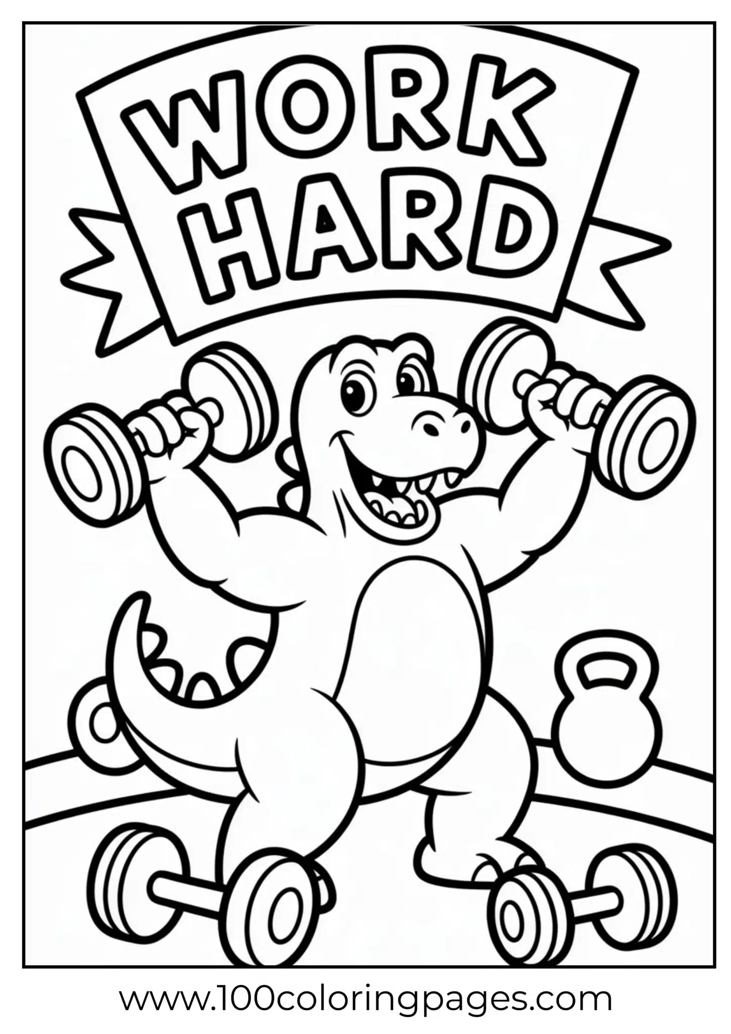 Strong cartoon dino holding log weights, outline