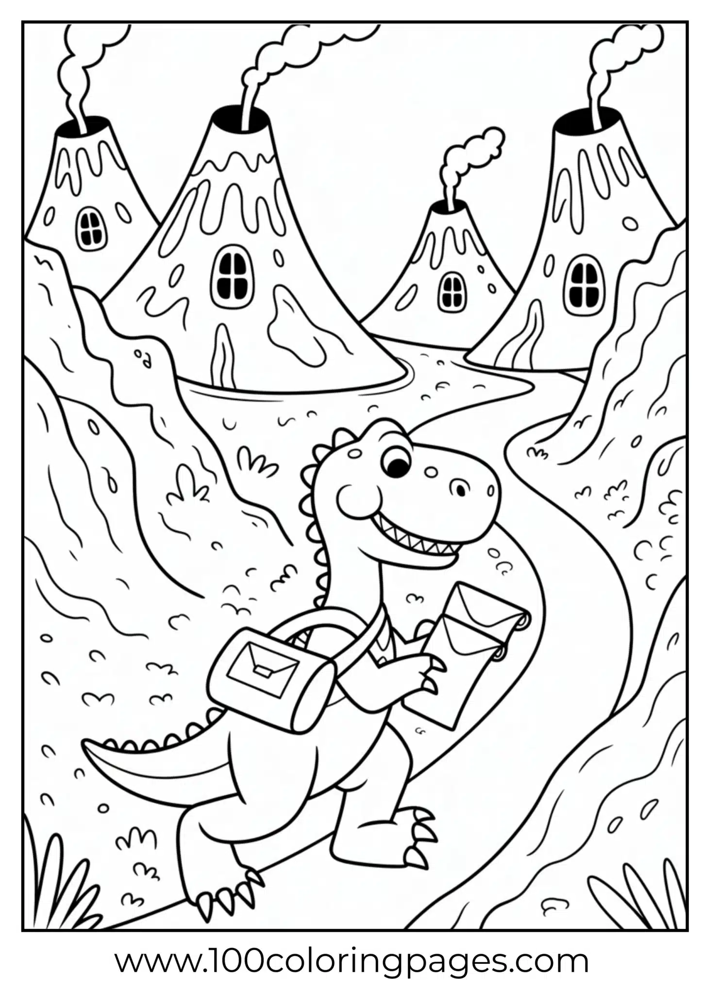 Dino with mailbag delivering scrolls, outline