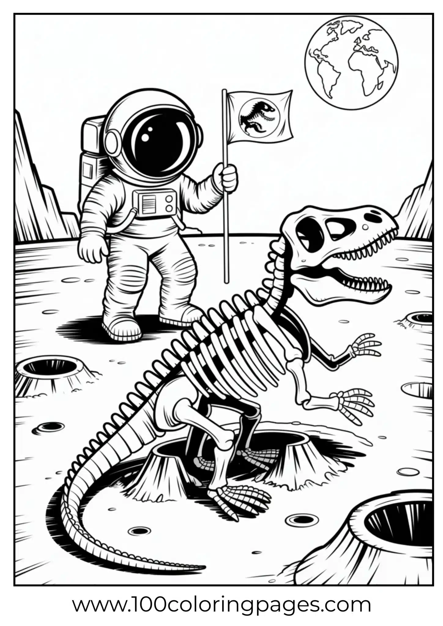 Dino astronaut on moon with fossil discovery, outline