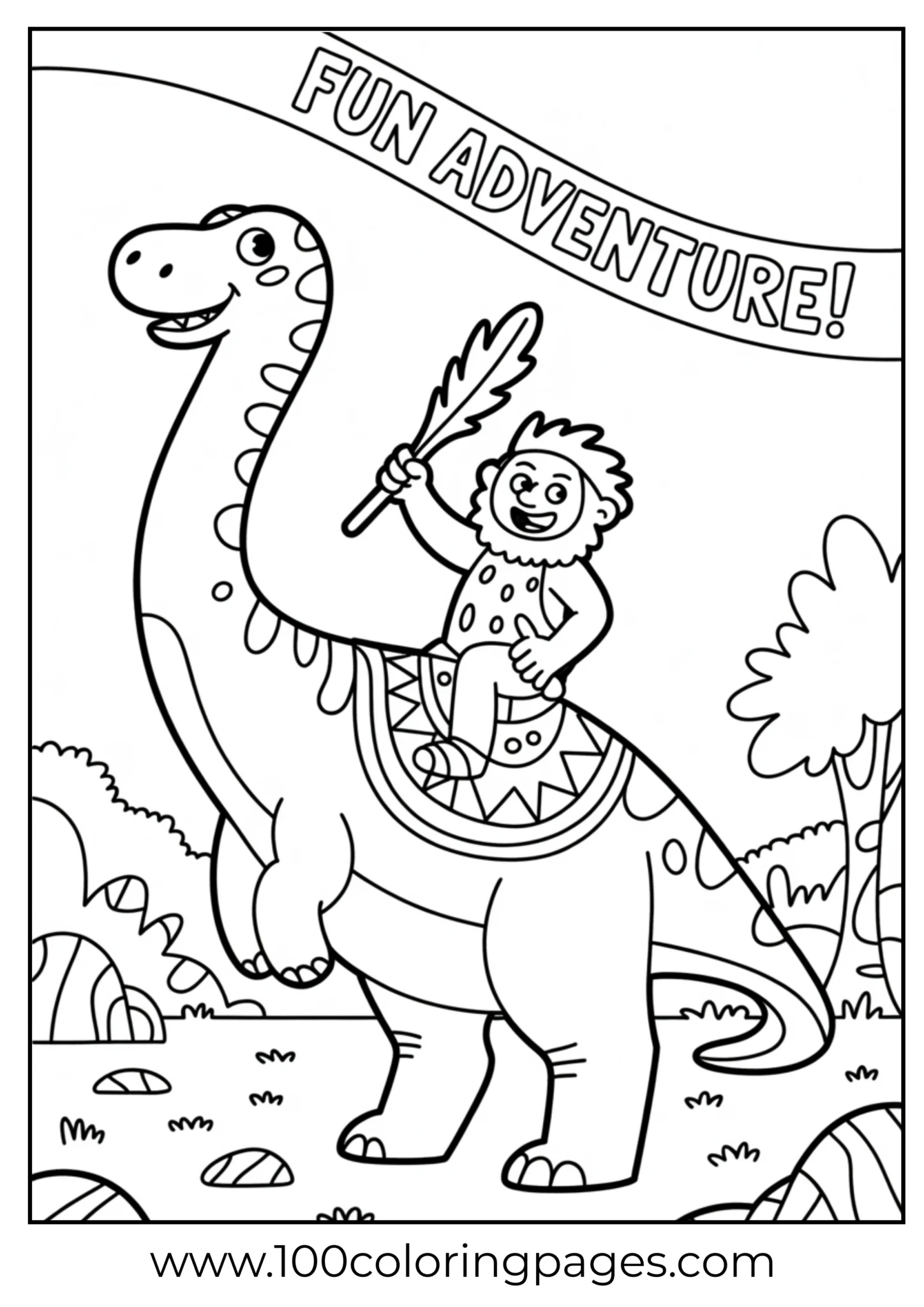 Caveman riding dinosaur with reins, outline