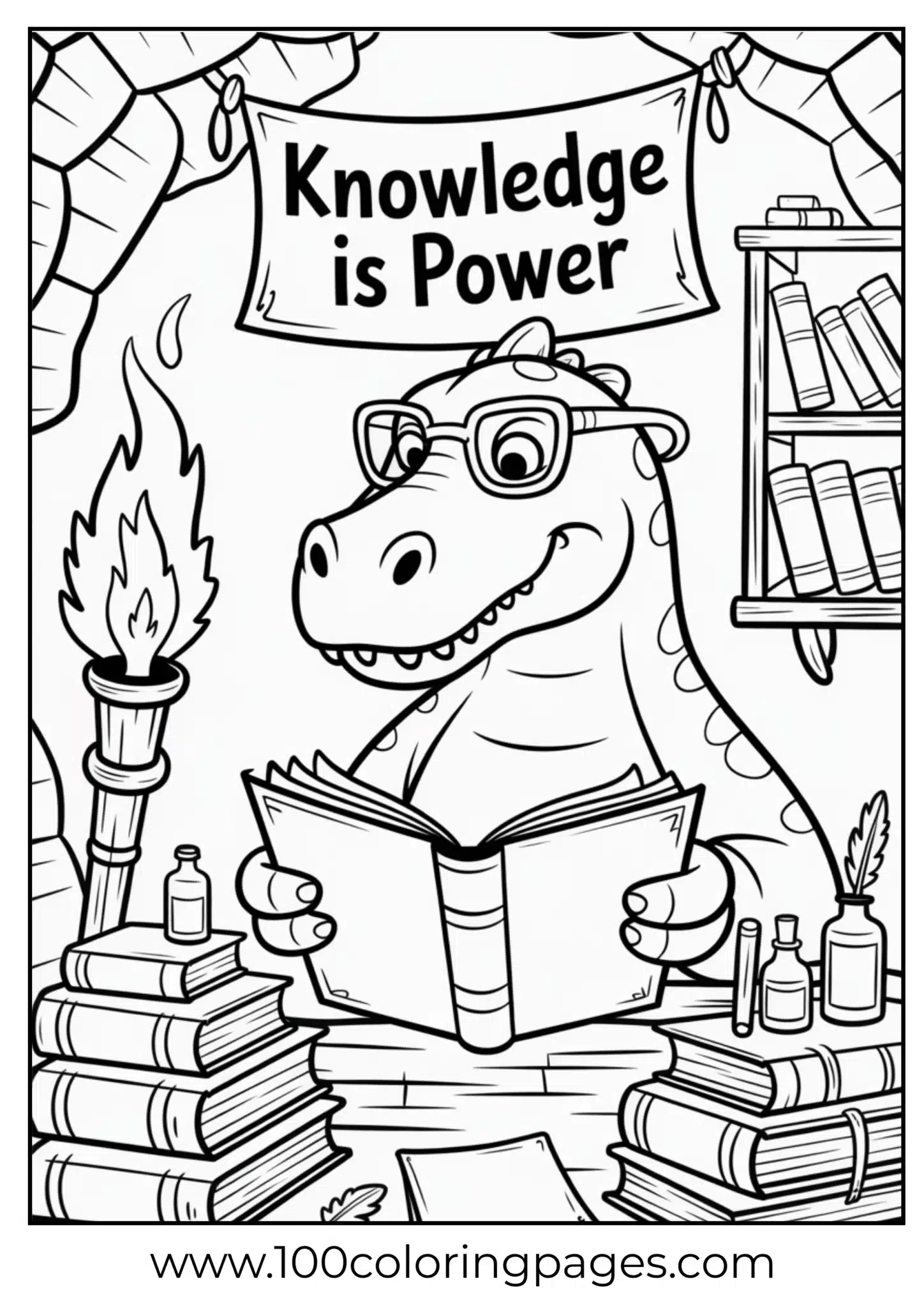 Dino reading ancient scrolls under torch, outline
