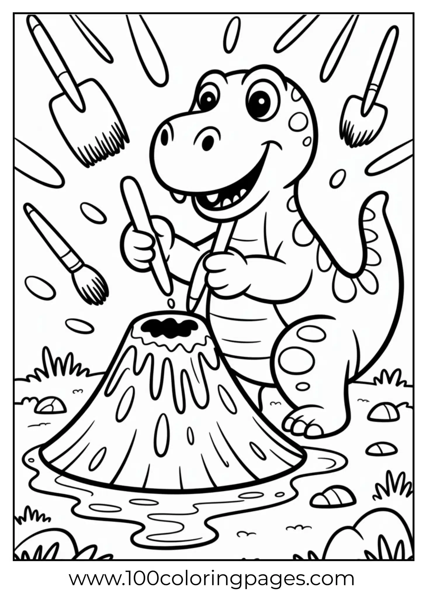 Dino shaping volcano with mud, outline