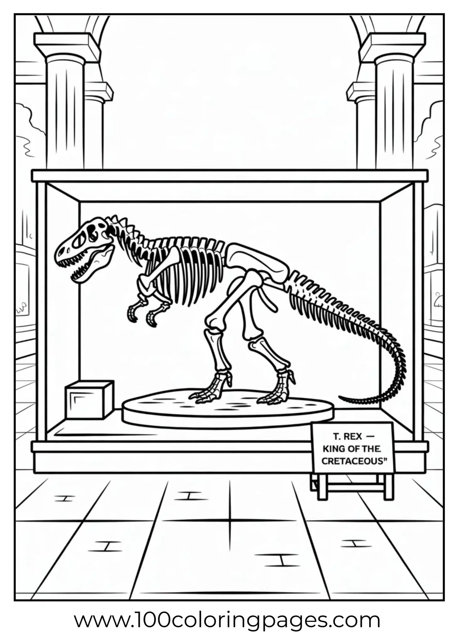 Dinosaur skeleton on display stand, outline drawing