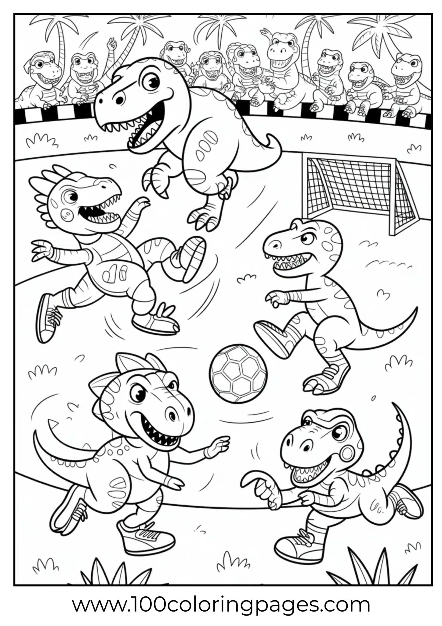 Dinosaurs playing soccer with coconut ball, outline