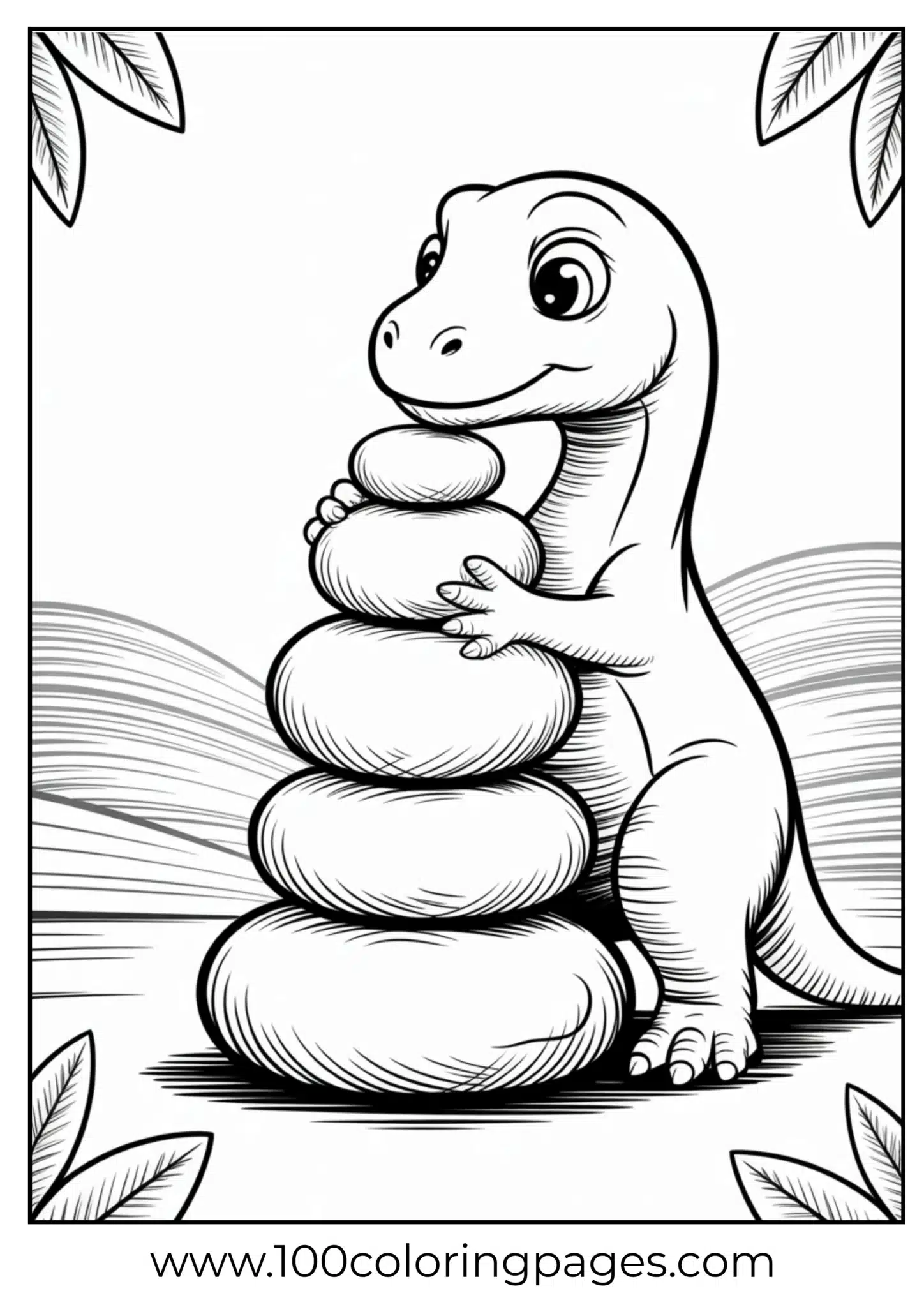 Dino stacking rocks meditatively, outline