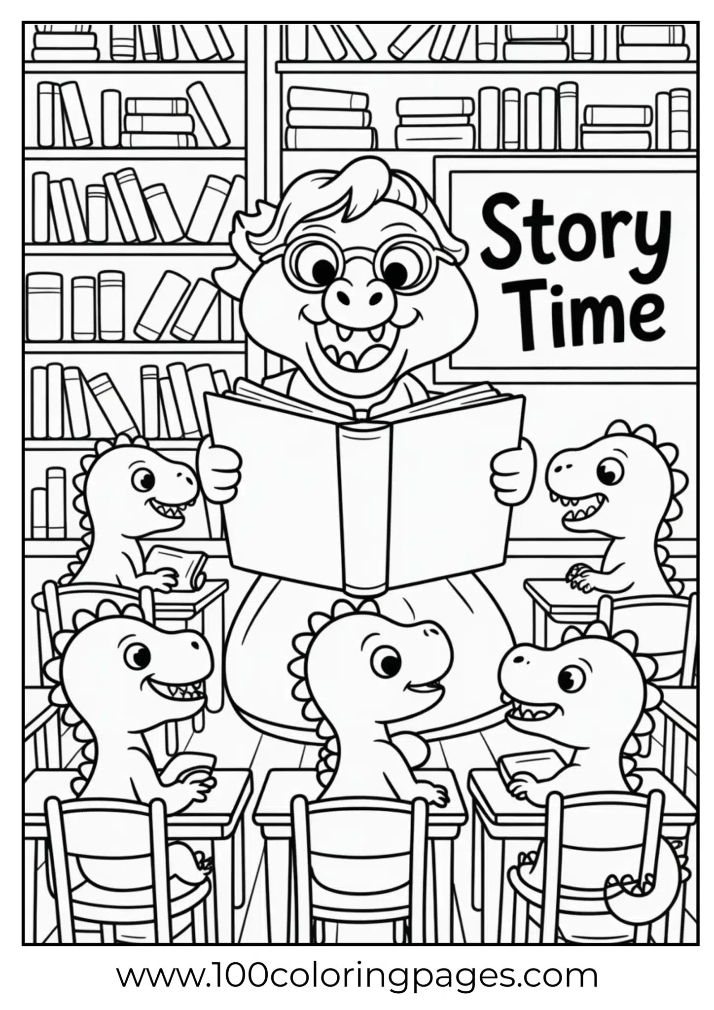 Dino reading story scroll to group of hatchlings