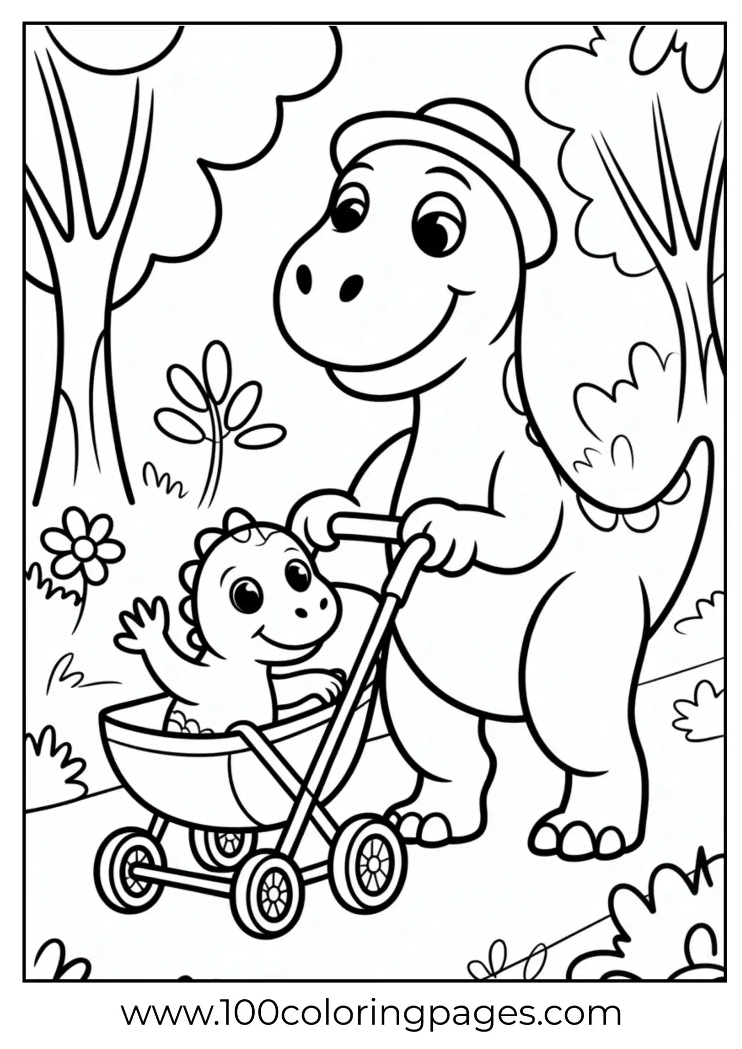 Dino parent pushing baby in stroller, outline