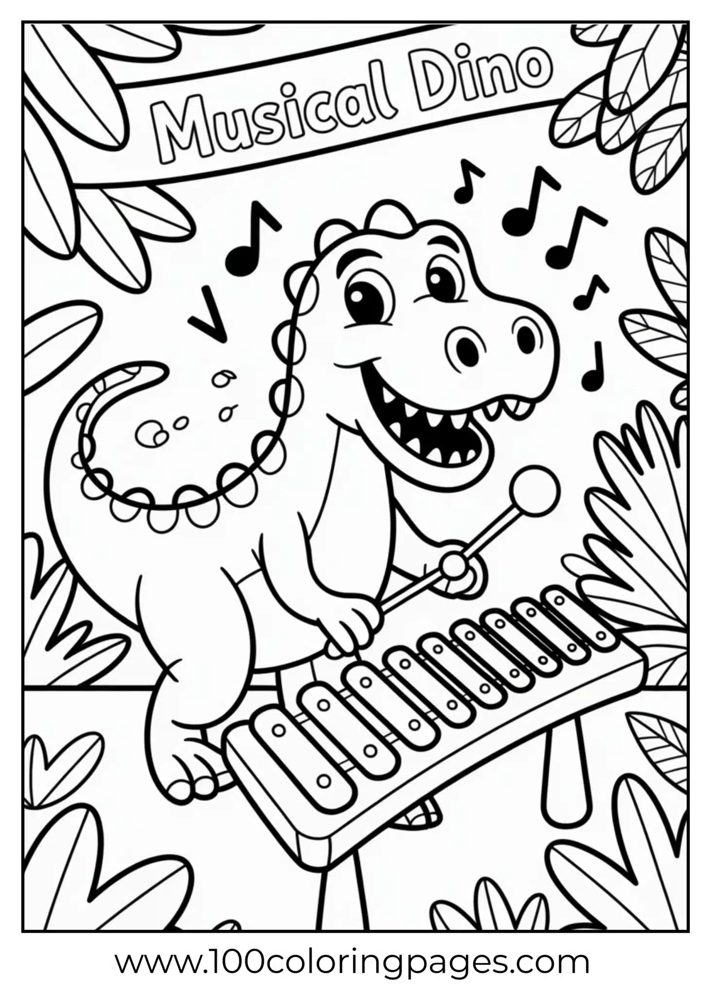 Dino playing bone xylophone, outline