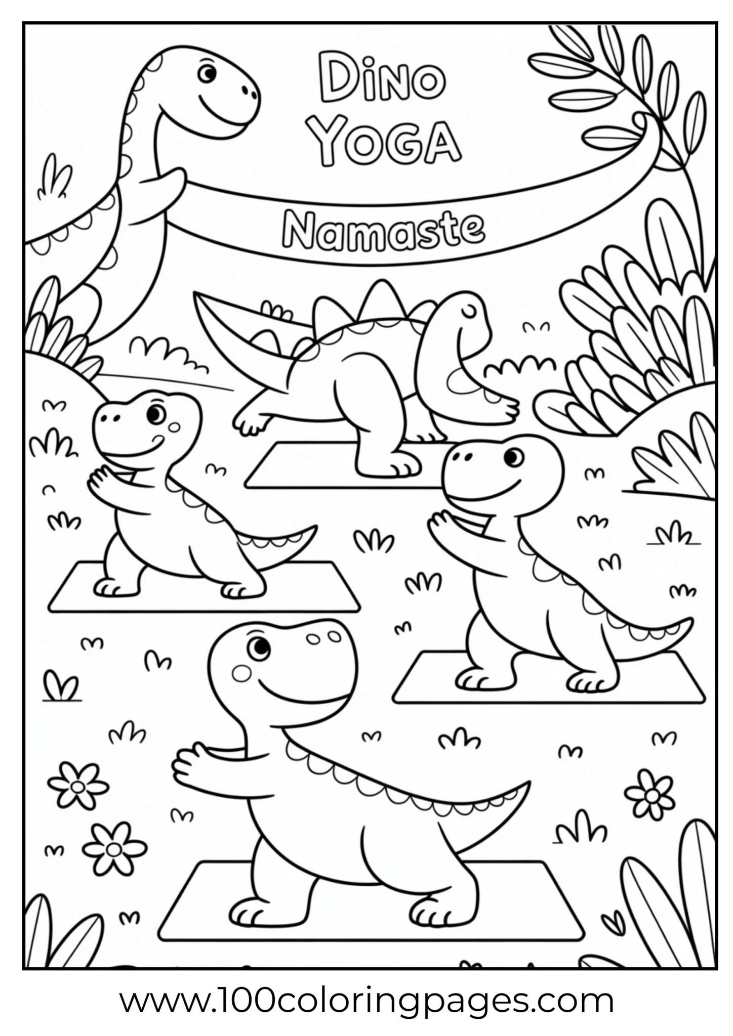 Multiple dinos doing yoga in pose, outline