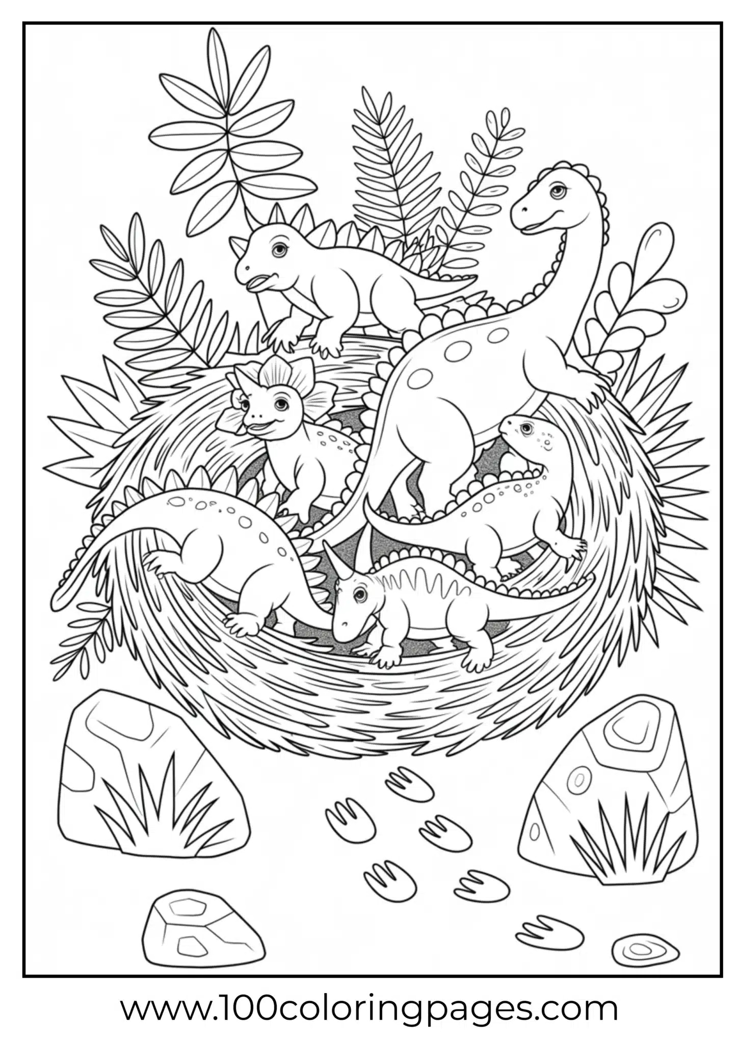 Dino eggs cracking with babies popping out, outline