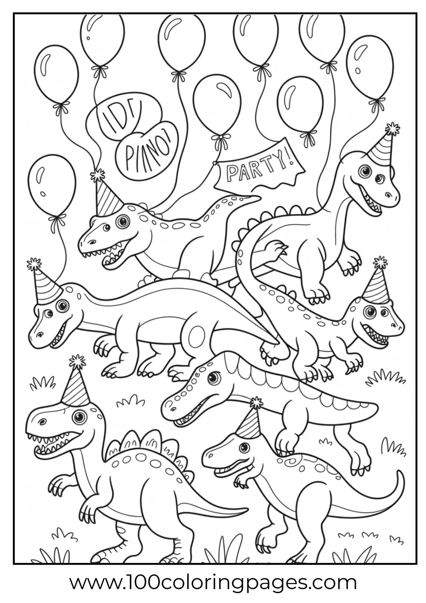 Dinosaurs wearing party hats and carrying balloons, outline