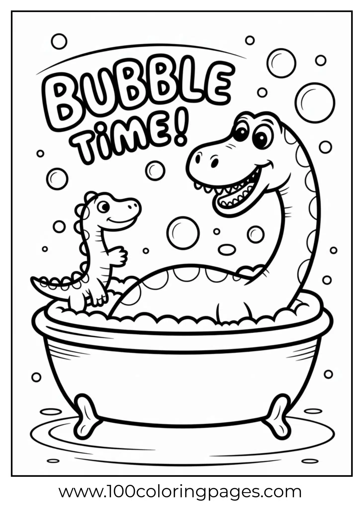 Cartoon diplodocus in tub, outline art