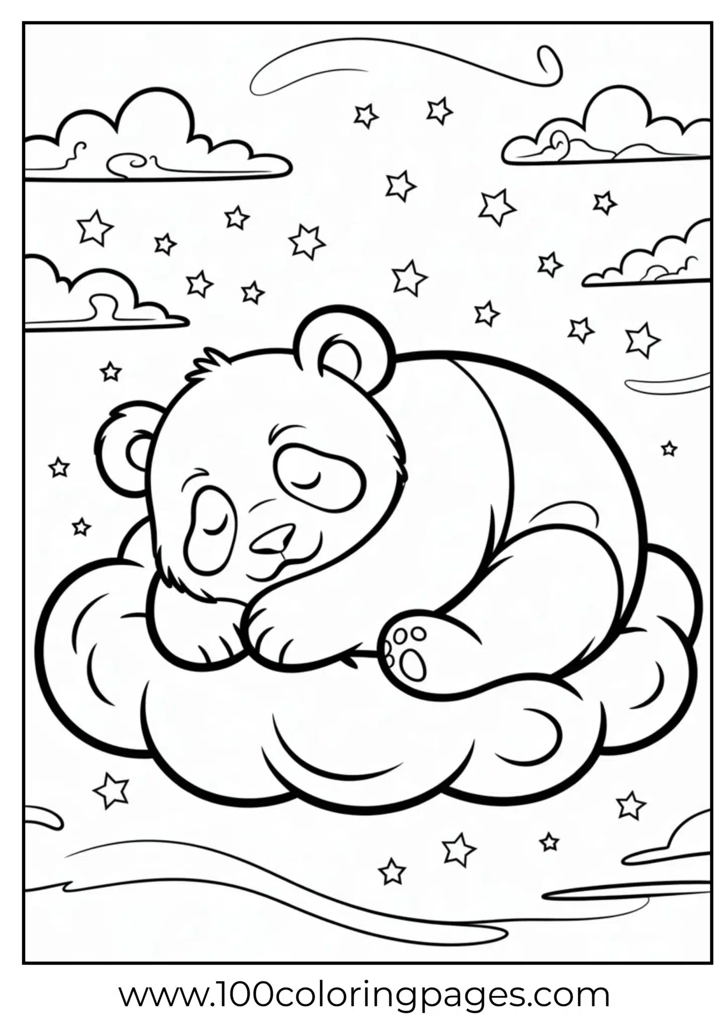 Panda on cloud with closed eyes under stars