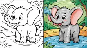 Cute baby elephant spraying water in cartoon style – elephant coloring pages