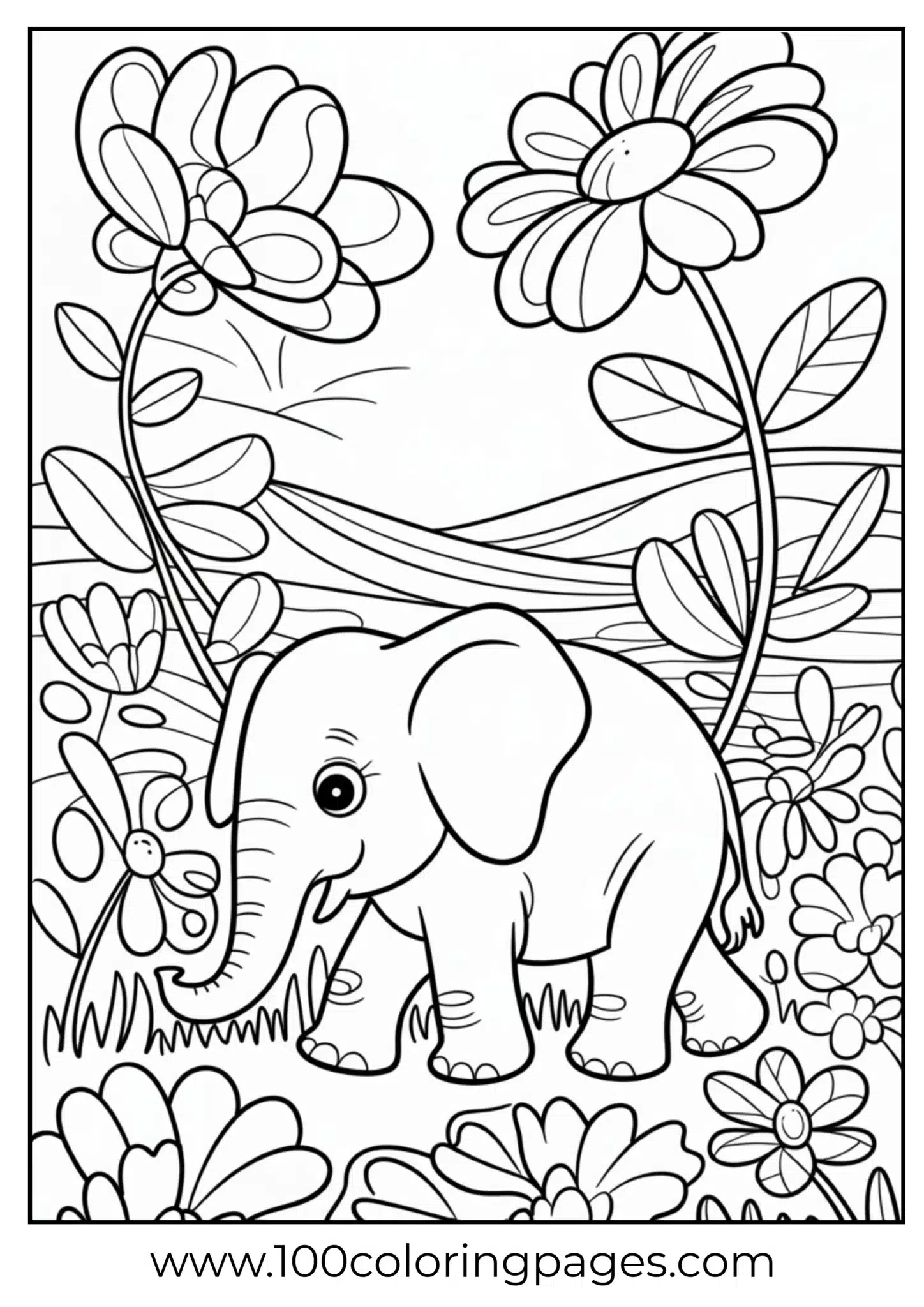 elephant among oversized flowers in meadow