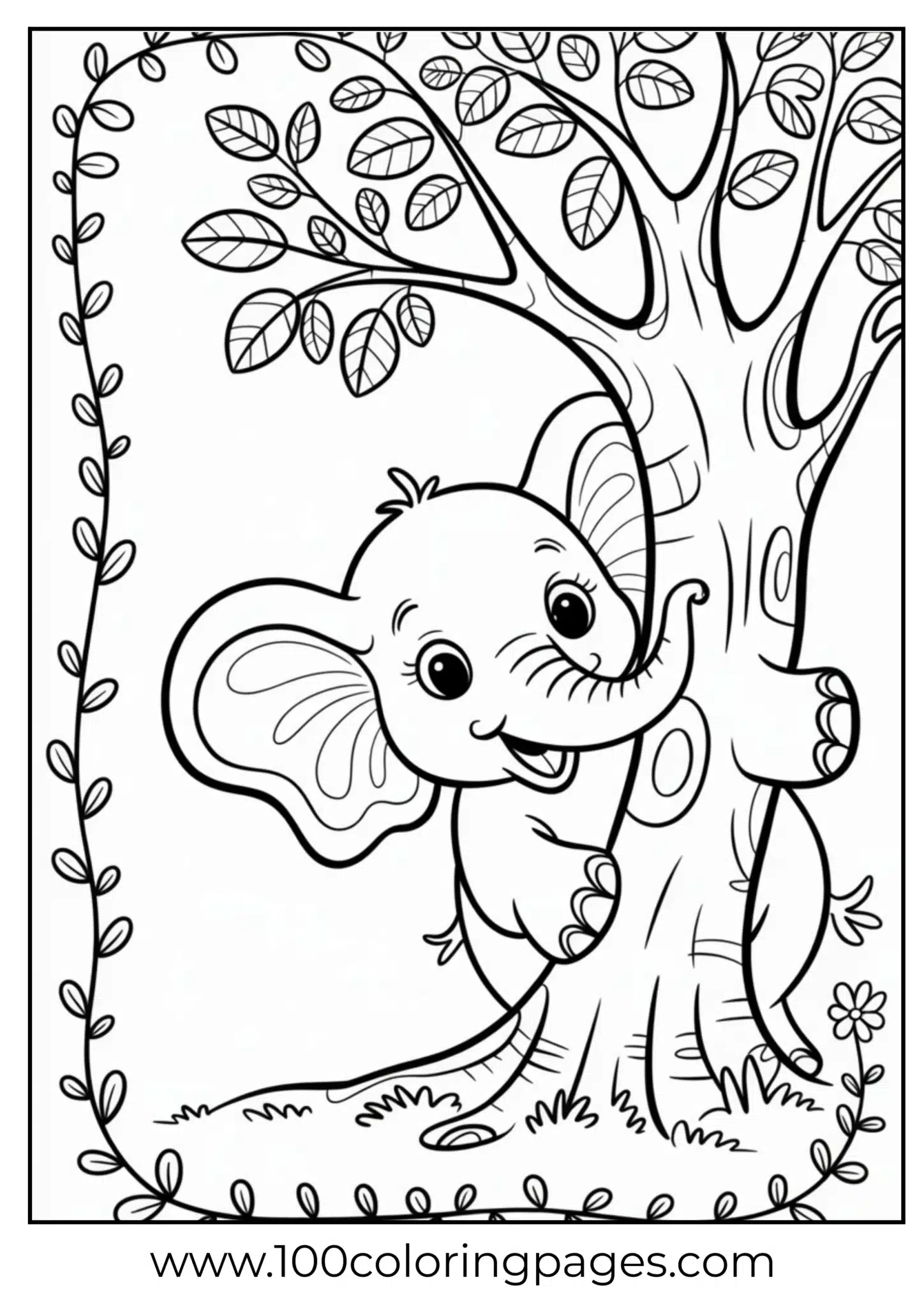 elephant hiding playfully behind tree
